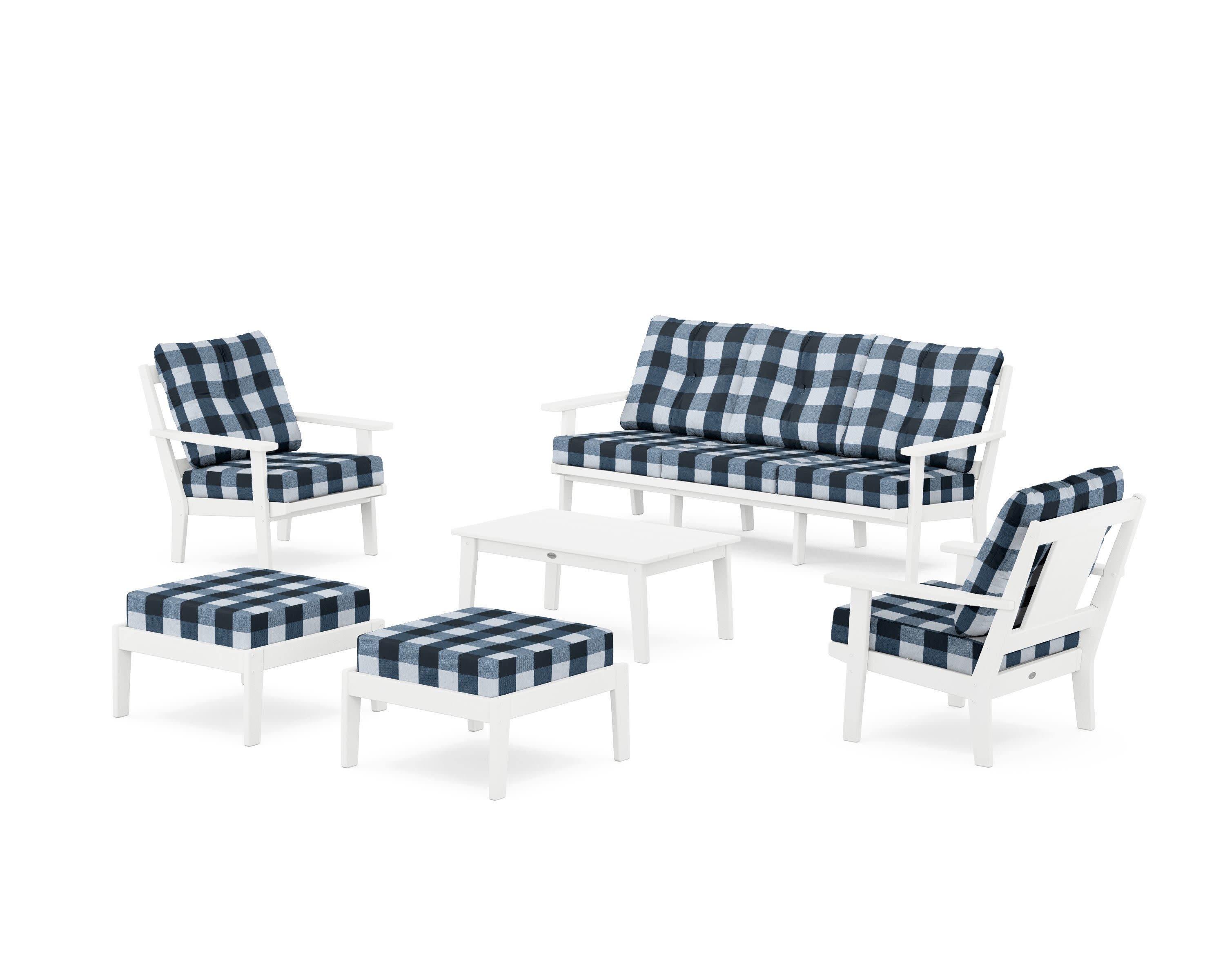 Prairie 6-Piece Lounge Sofa Set in White / Buffalo Plaid Marine Indigo
