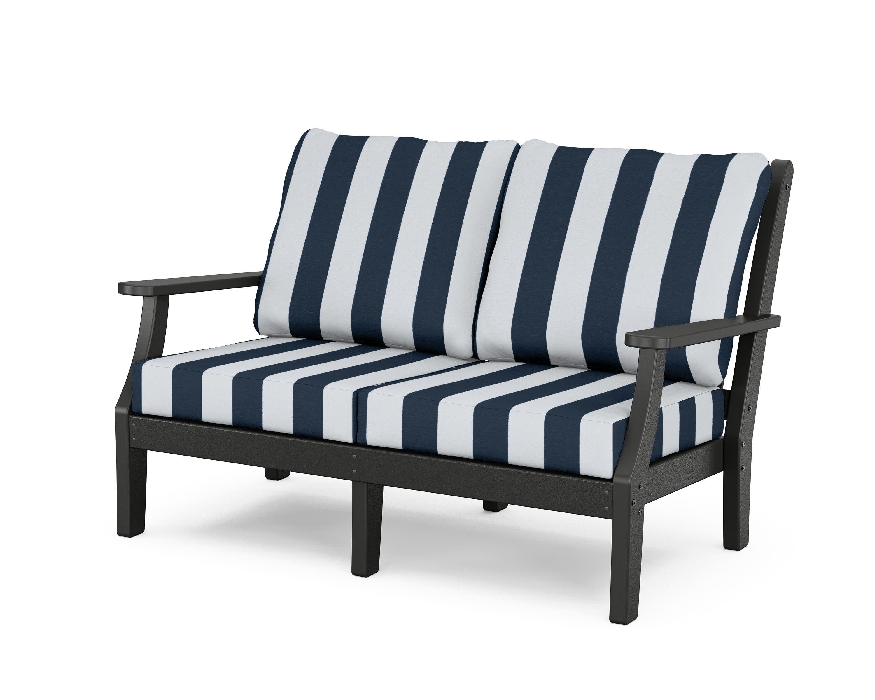 Wovendale Deep Seating Loveseat in Black / Cabana Stripe Marine Indigo