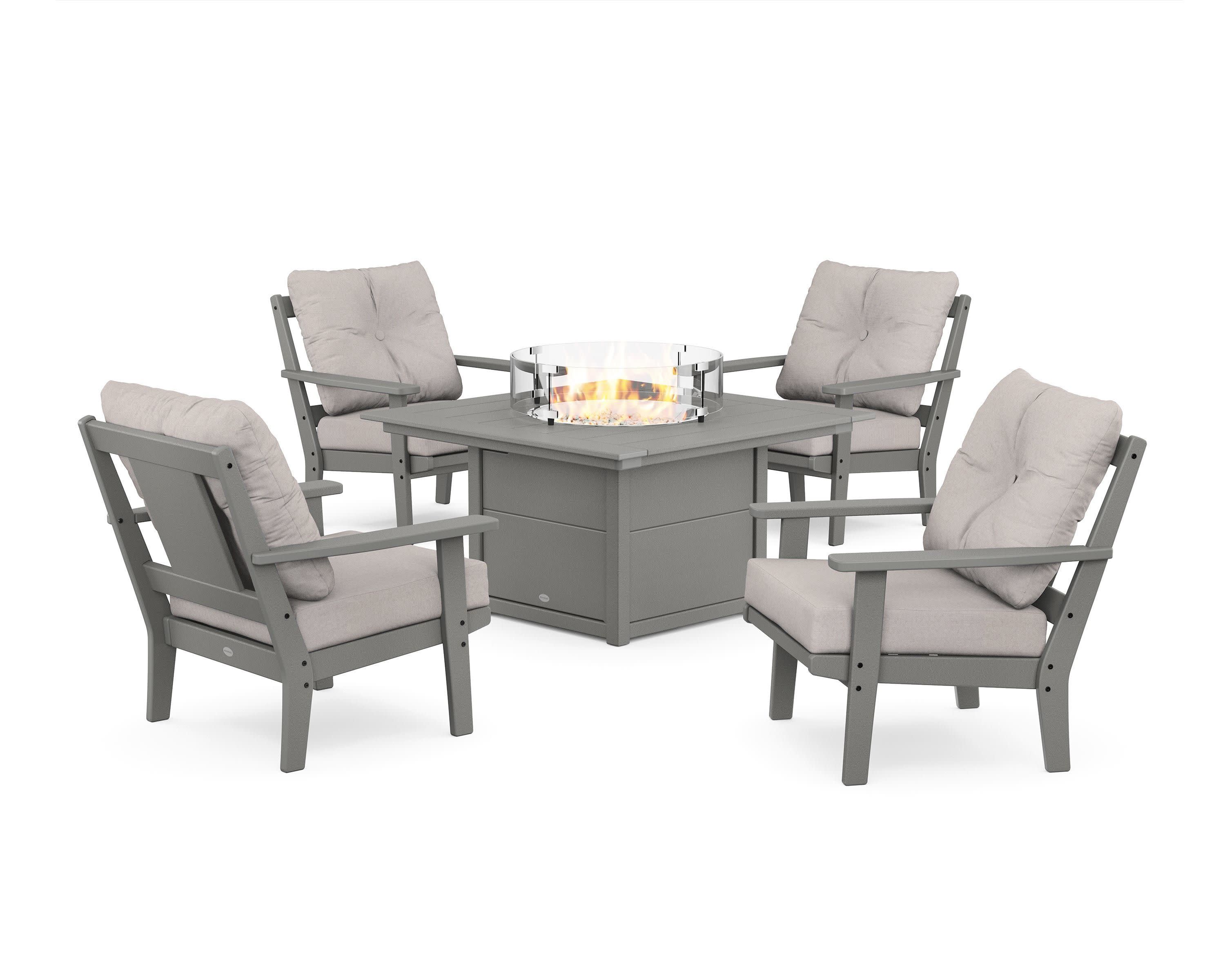 Prairie 5-Piece Deep Seating Set with Fire Pit Table in Slate Grey / Dune Burlap