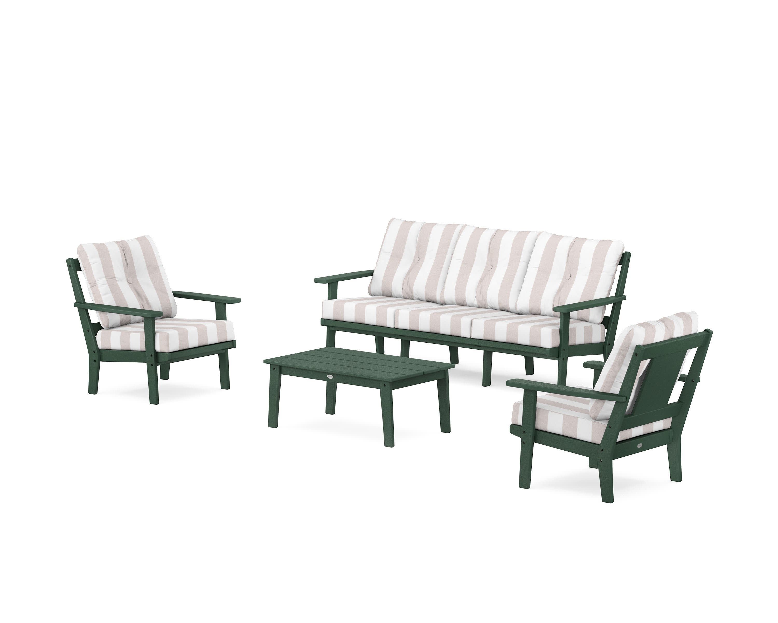 Prairie 4-Piece Deep Seating Set with Sofa in Green / Cabana Stripe Dune Burlap