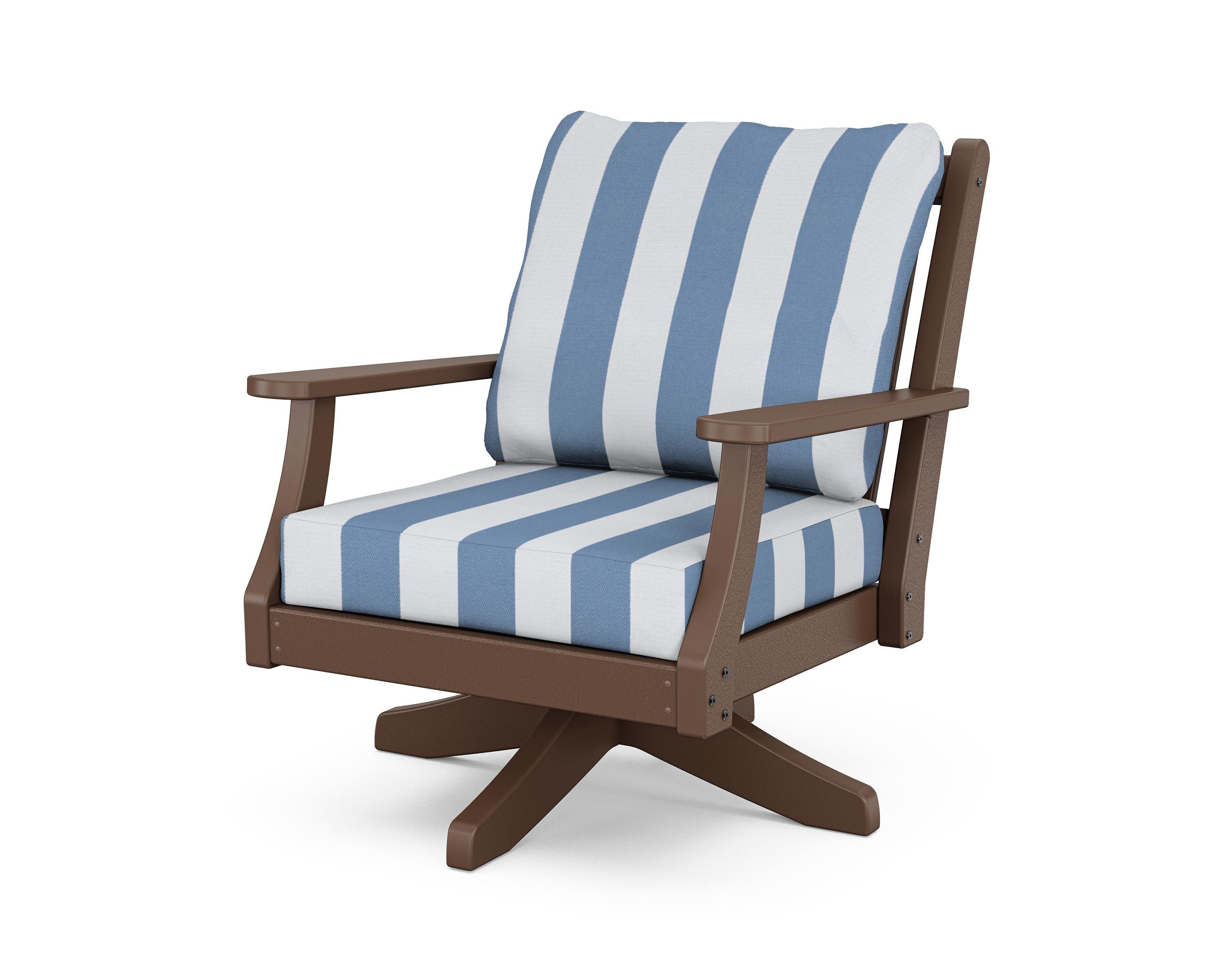 Wovendale Deep Seating Swivel Chair in Mahogany / Cabana Stripe Sky Blue