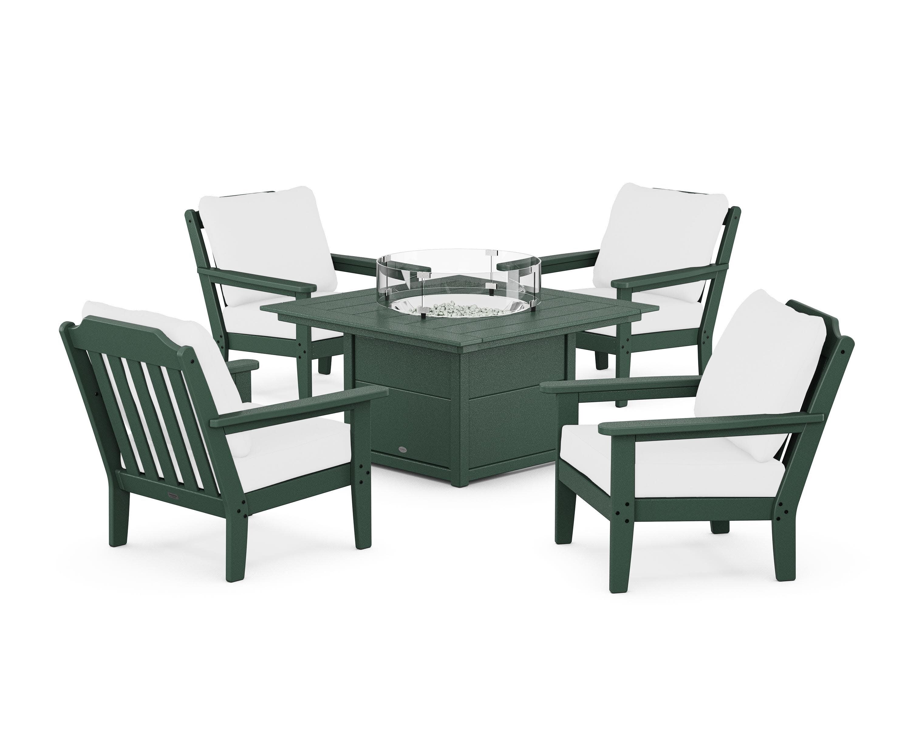 Cottage 5-Piece Deep Seating Set with Fire Pit Table in Green / Natural