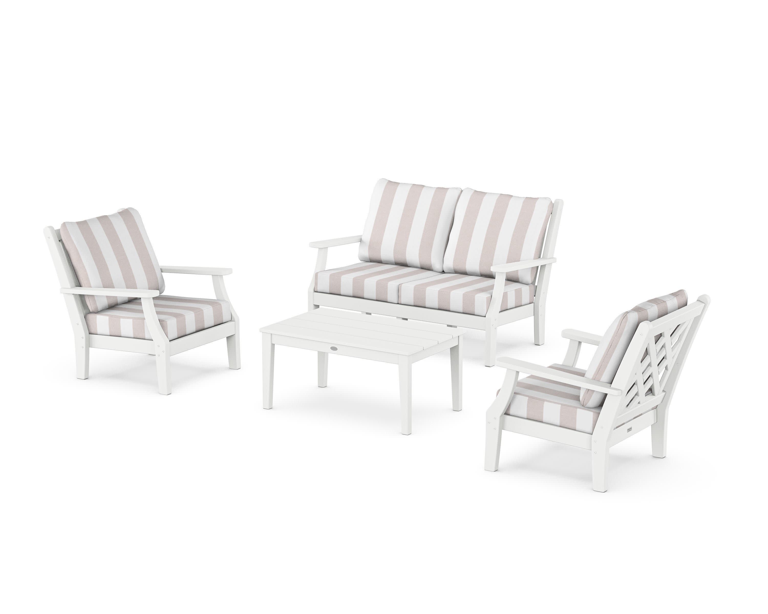 Wovendale 4-Piece Deep Seating Set with Loveseat in White / Cabana Stripe Dune Burlap