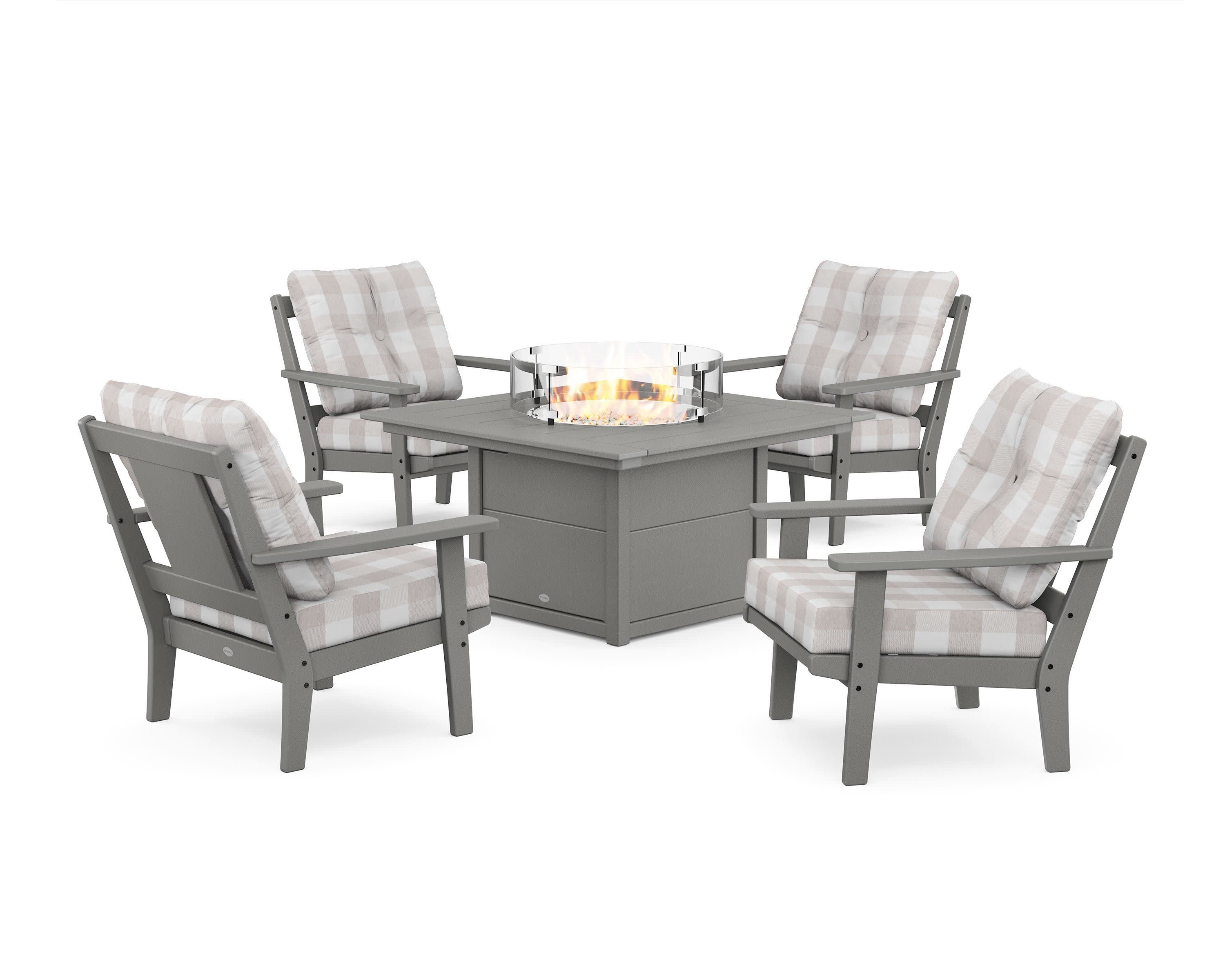 Prairie 5-Piece Deep Seating Set with Fire Pit Table in Slate Grey / Buffalo Plaid Dune Burlap