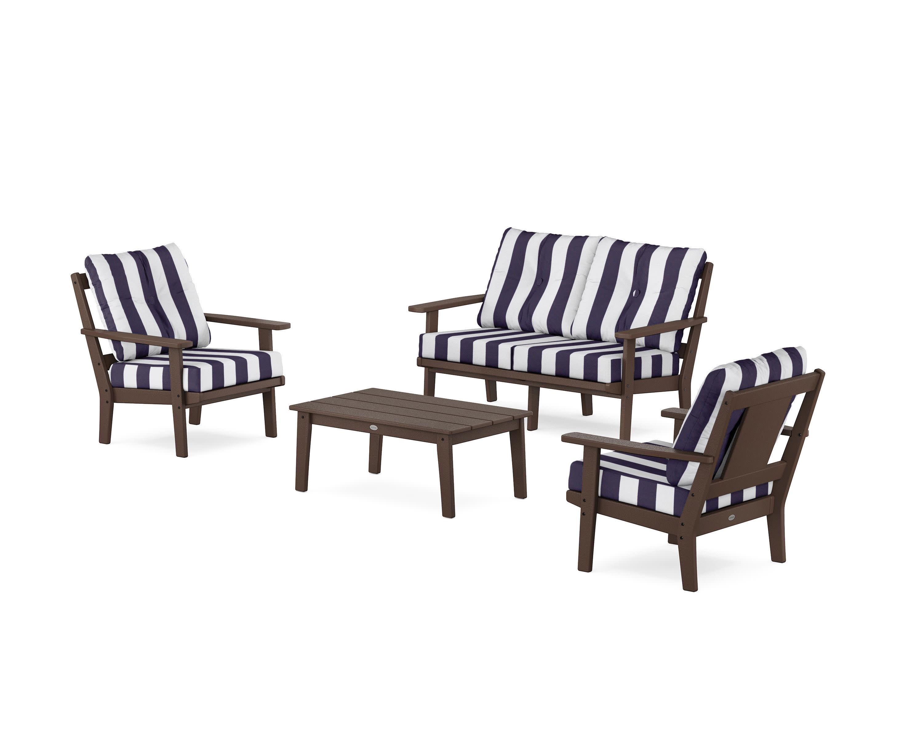 Prairie 4-Piece Deep Seating Set with Loveseat in Mahogany / Cabana Stripe Navy