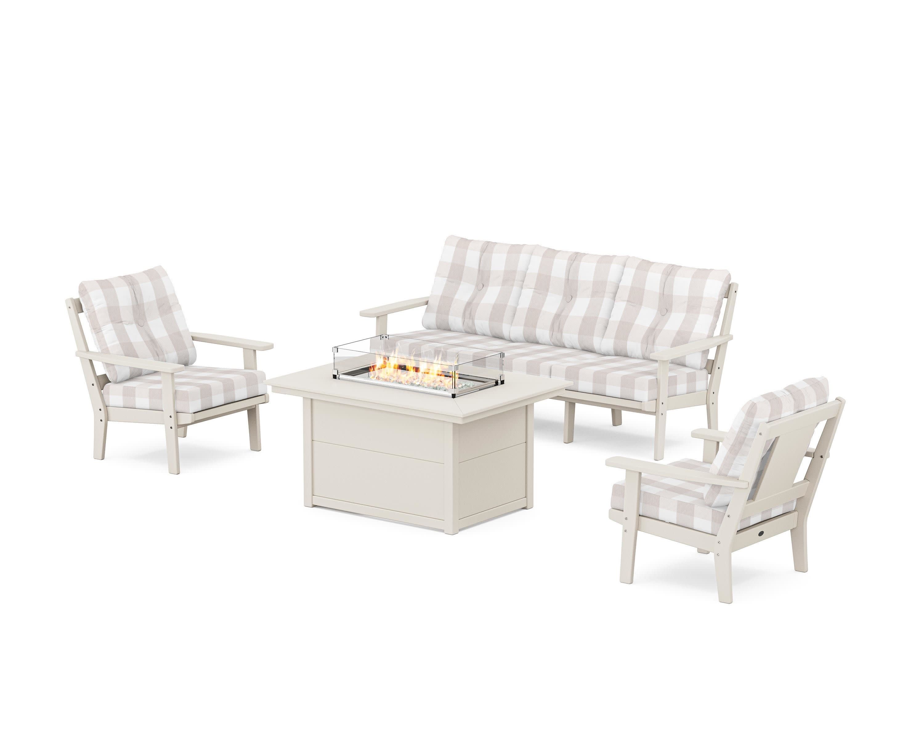 Prairie Deep Seating Fire Pit Table Set in Sand / Buffalo Plaid Dune Burlap