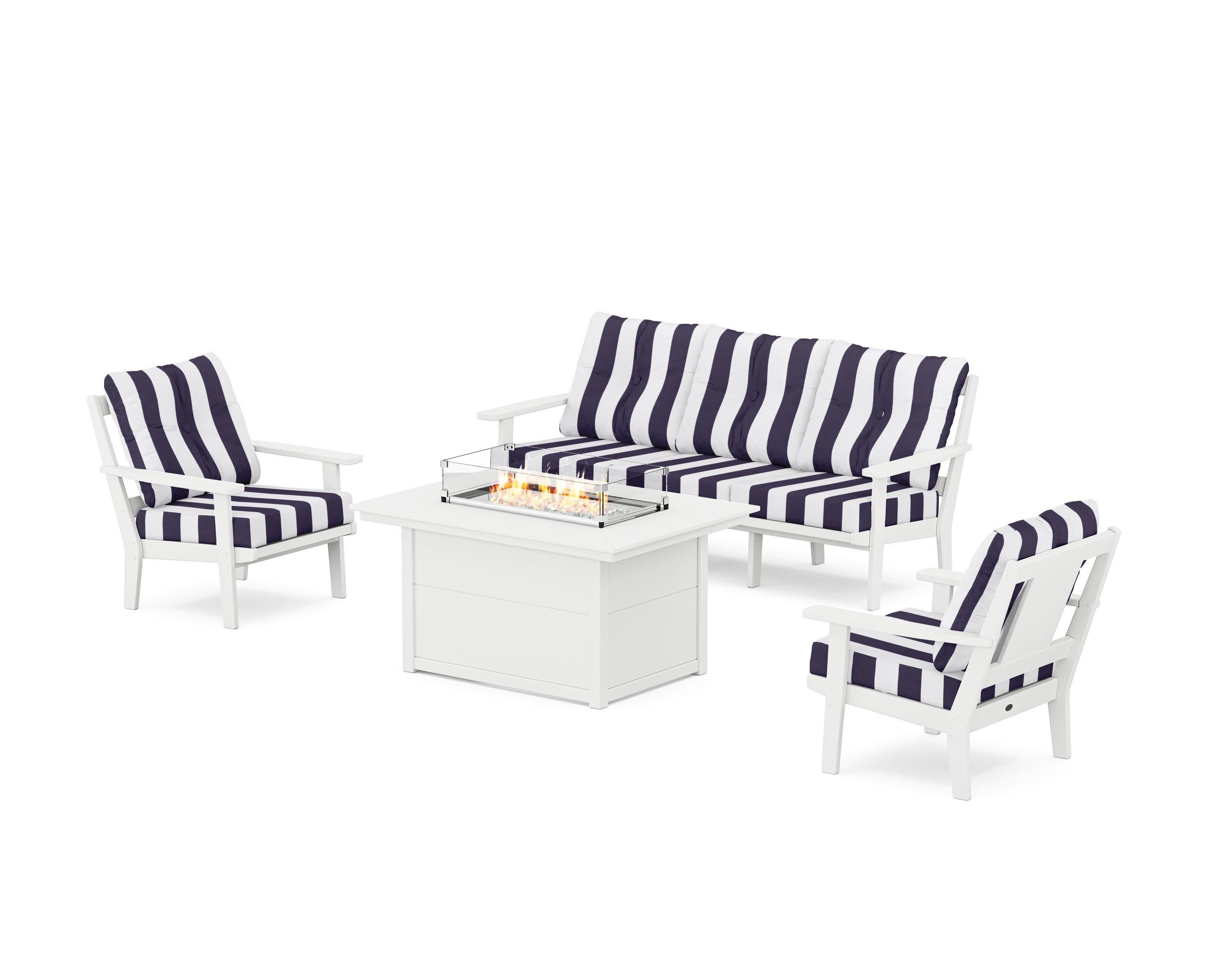 Prairie Deep Seating Fire Pit Table Set in White / Cabana Stripe Navy