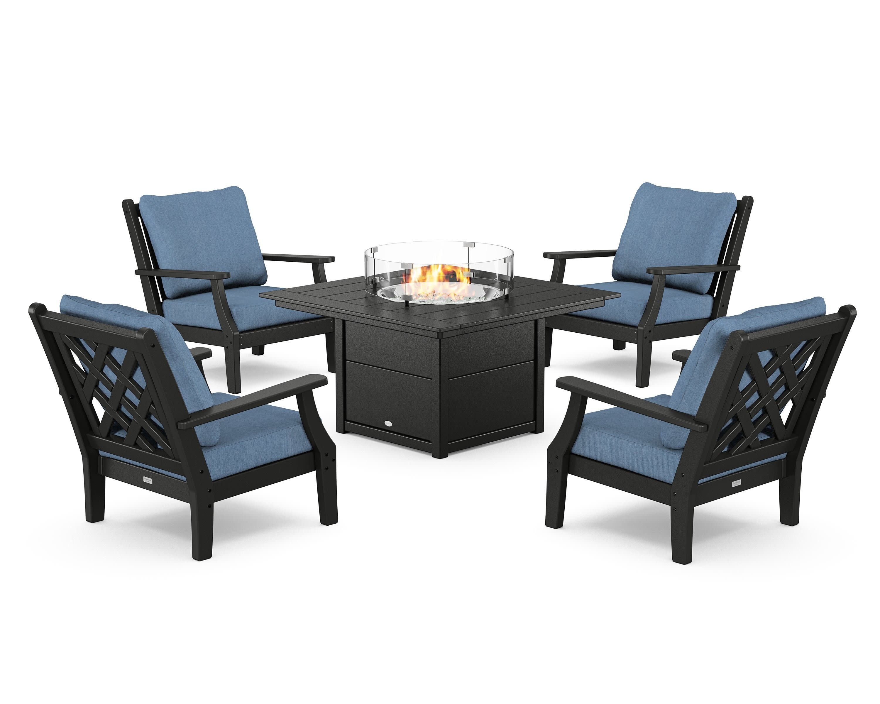 Wovendale 5-Piece Deep Seating Set with Fire Pit Table in Black / Sky Blue