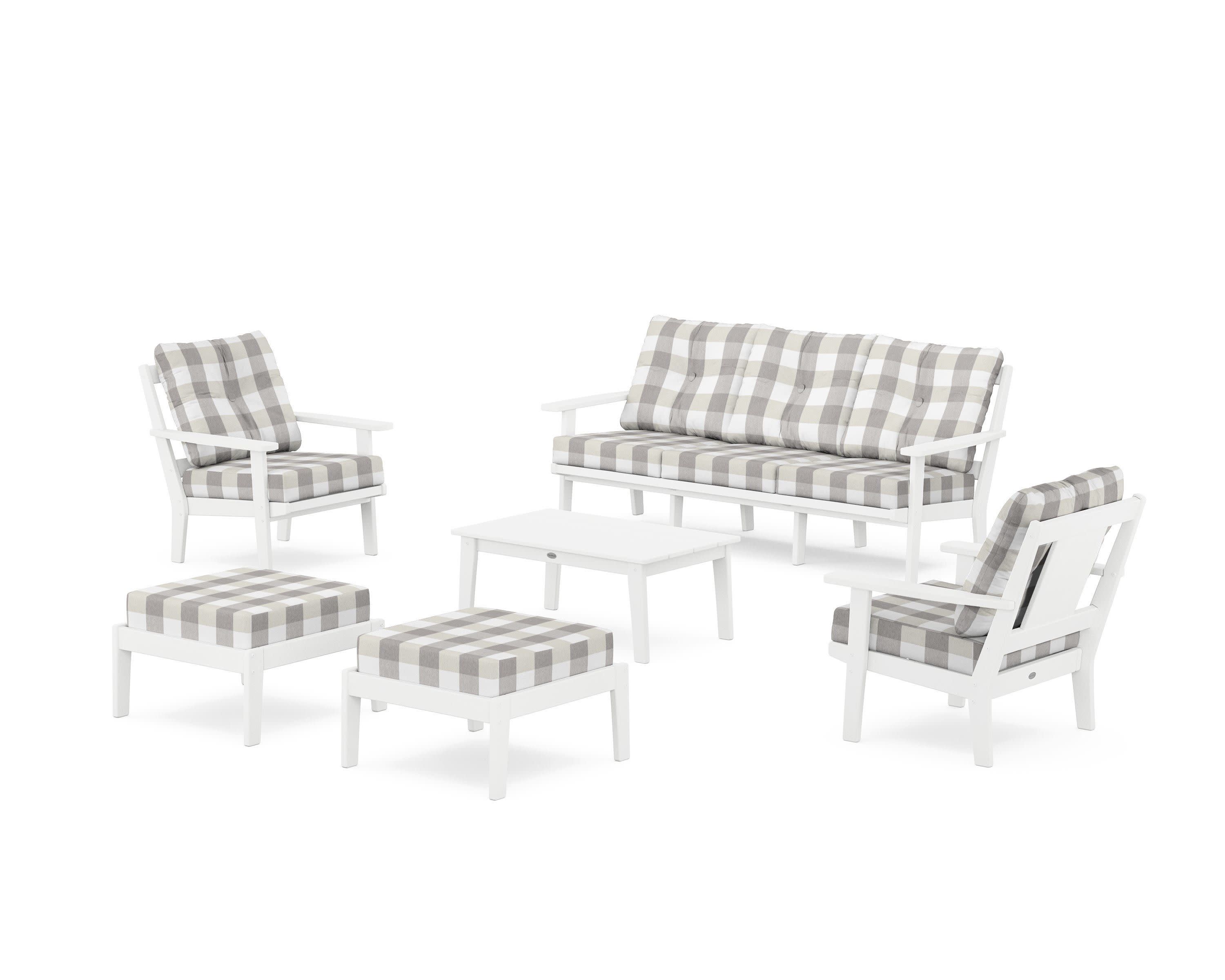 Prairie 6-Piece Lounge Sofa Set in White / Buffalo Plaid Grey Mist