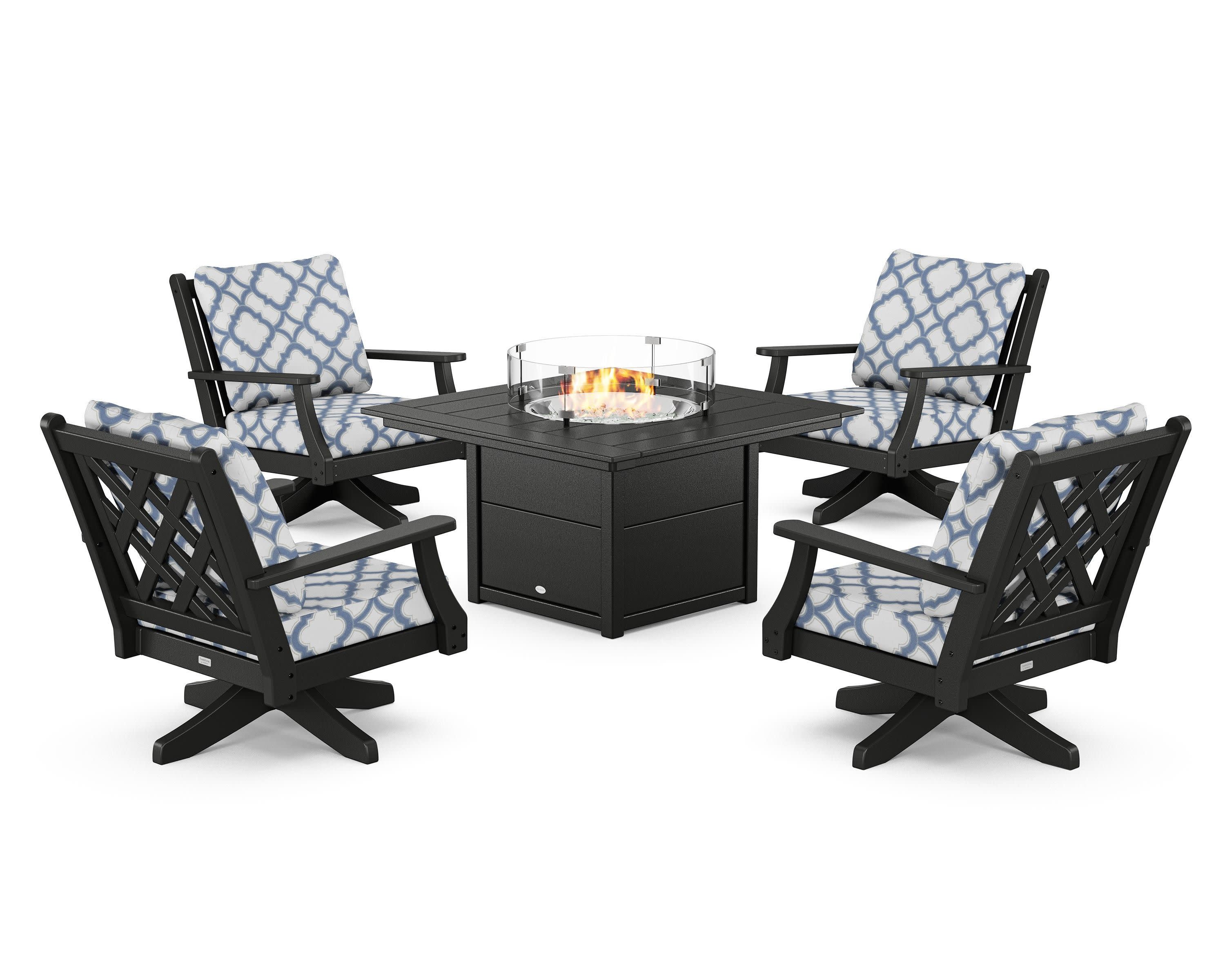 Wovendale 5-Piece Deep Seating Swivel Conversation Set with Fire Pit Table in Black / Trellis Sky Blue