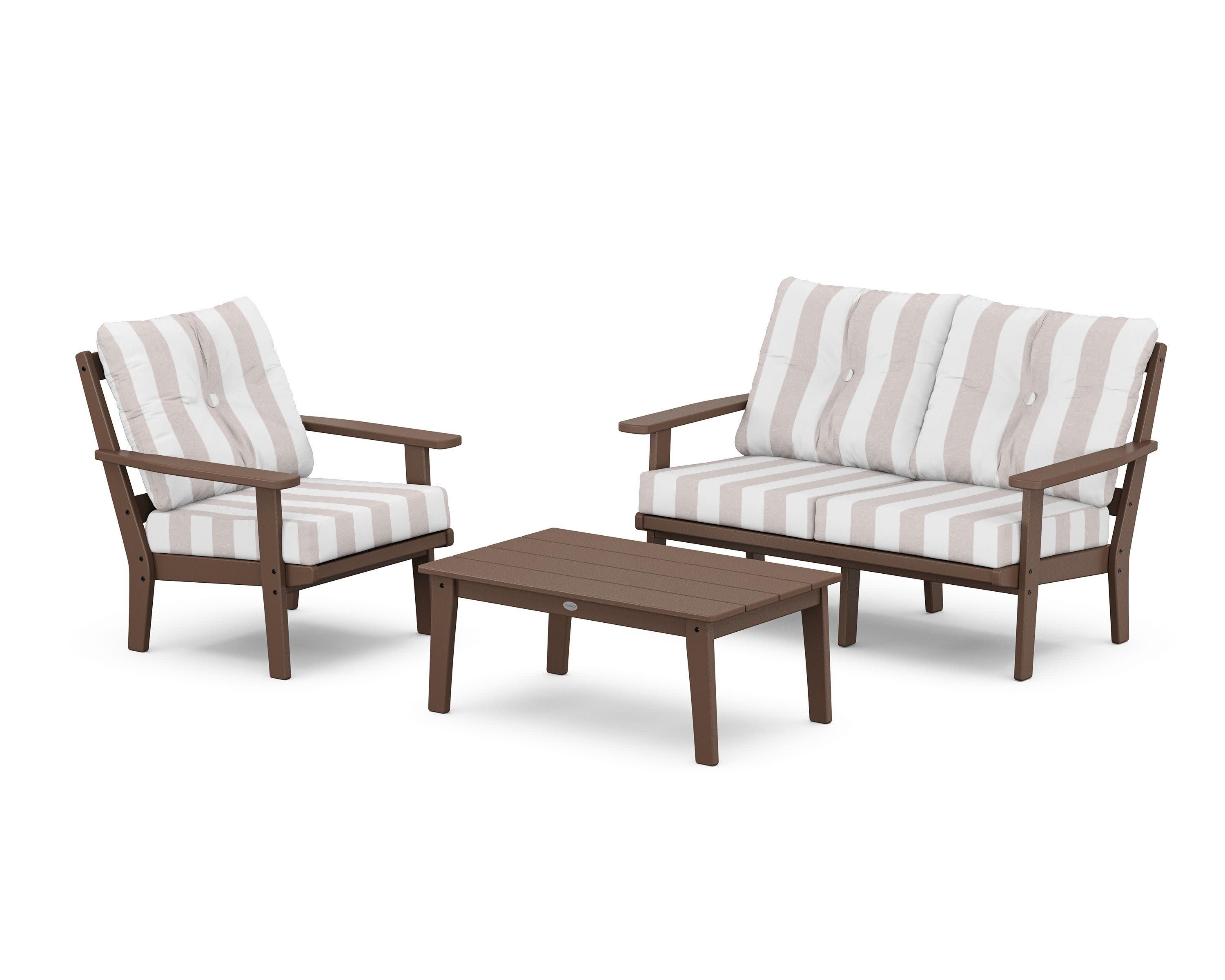 Prairie 3-Piece Deep Seating Set with Loveseat in Mahogany / Cabana Stripe Dune Burlap