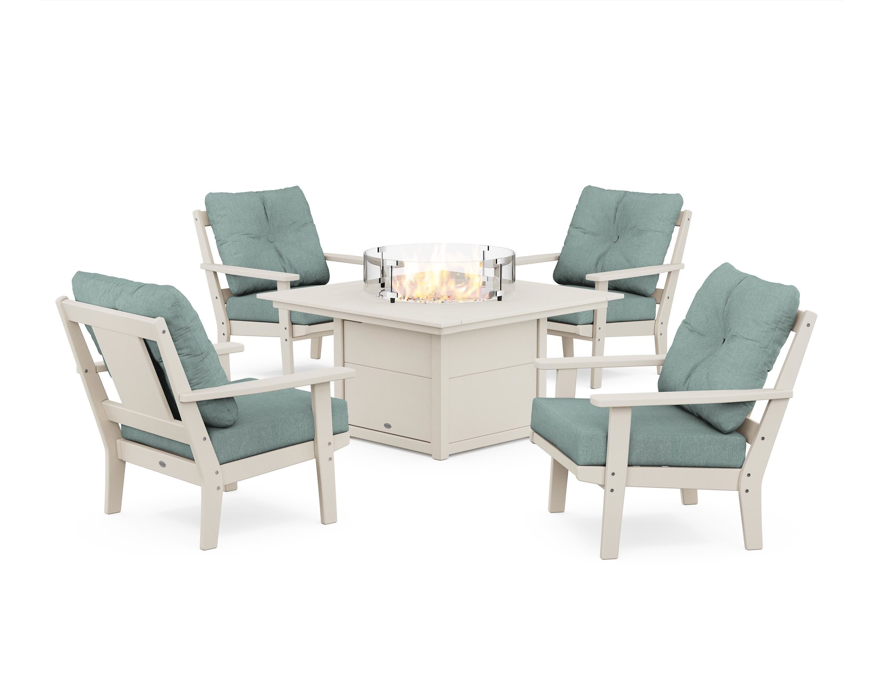 Prairie 5-Piece Deep Seating Set with Fire Pit Table in Sand / Glacier Spa