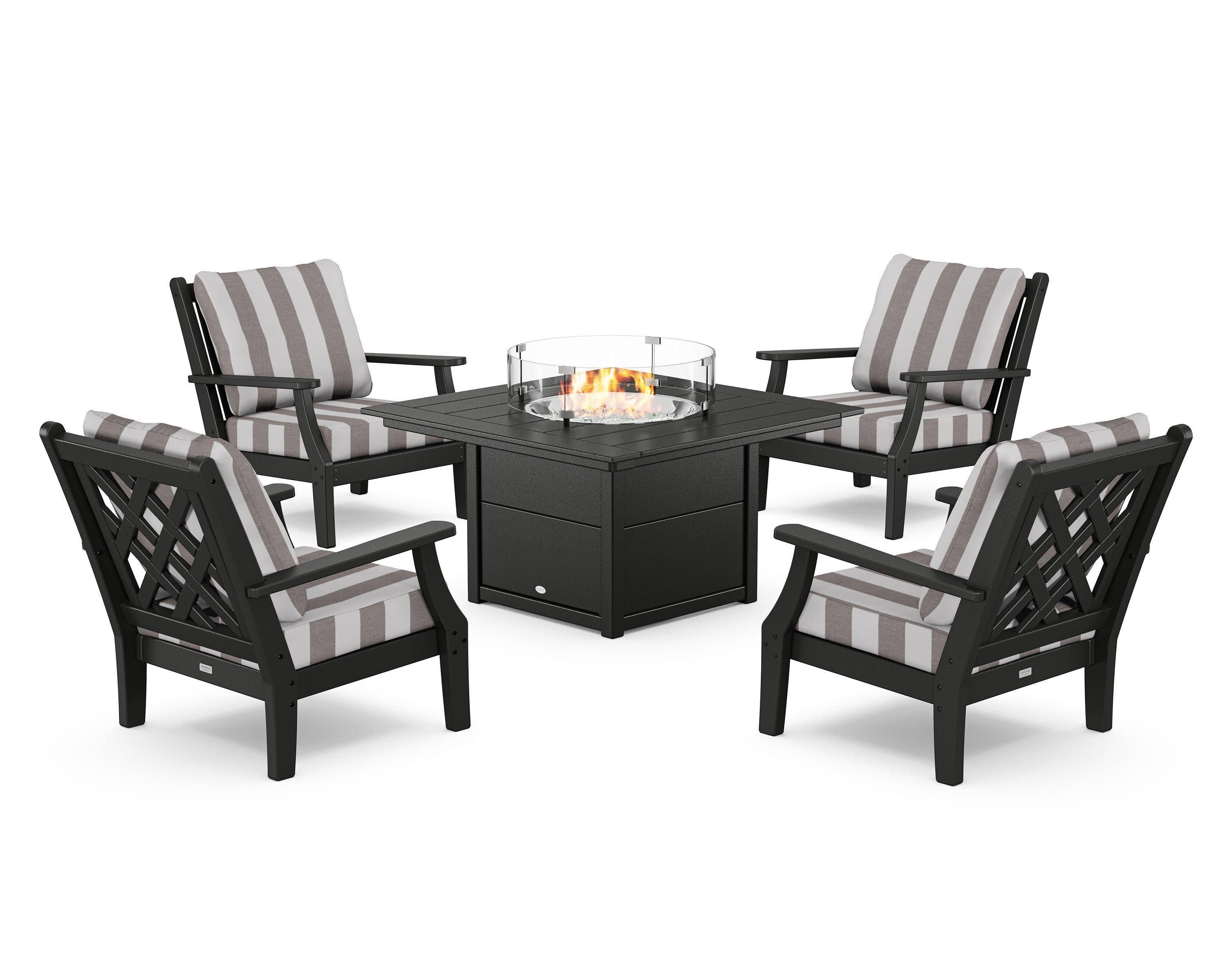 Wovendale 5-Piece Deep Seating Set with Fire Pit Table in Black / Cabana Stripe Grey Mist