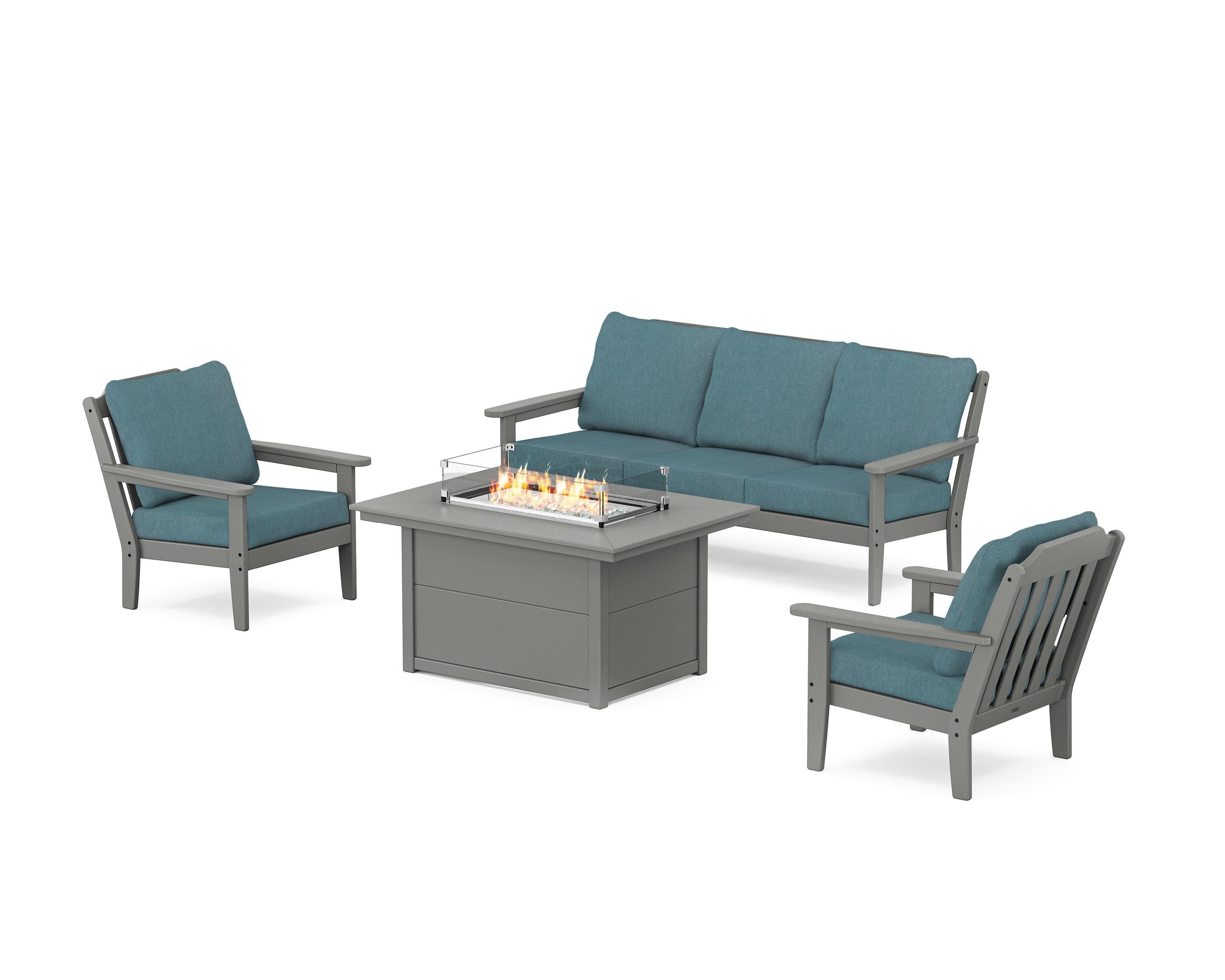 Cottage Deep Seating Fire Pit Table Set in Slate Grey / Ocean Teal