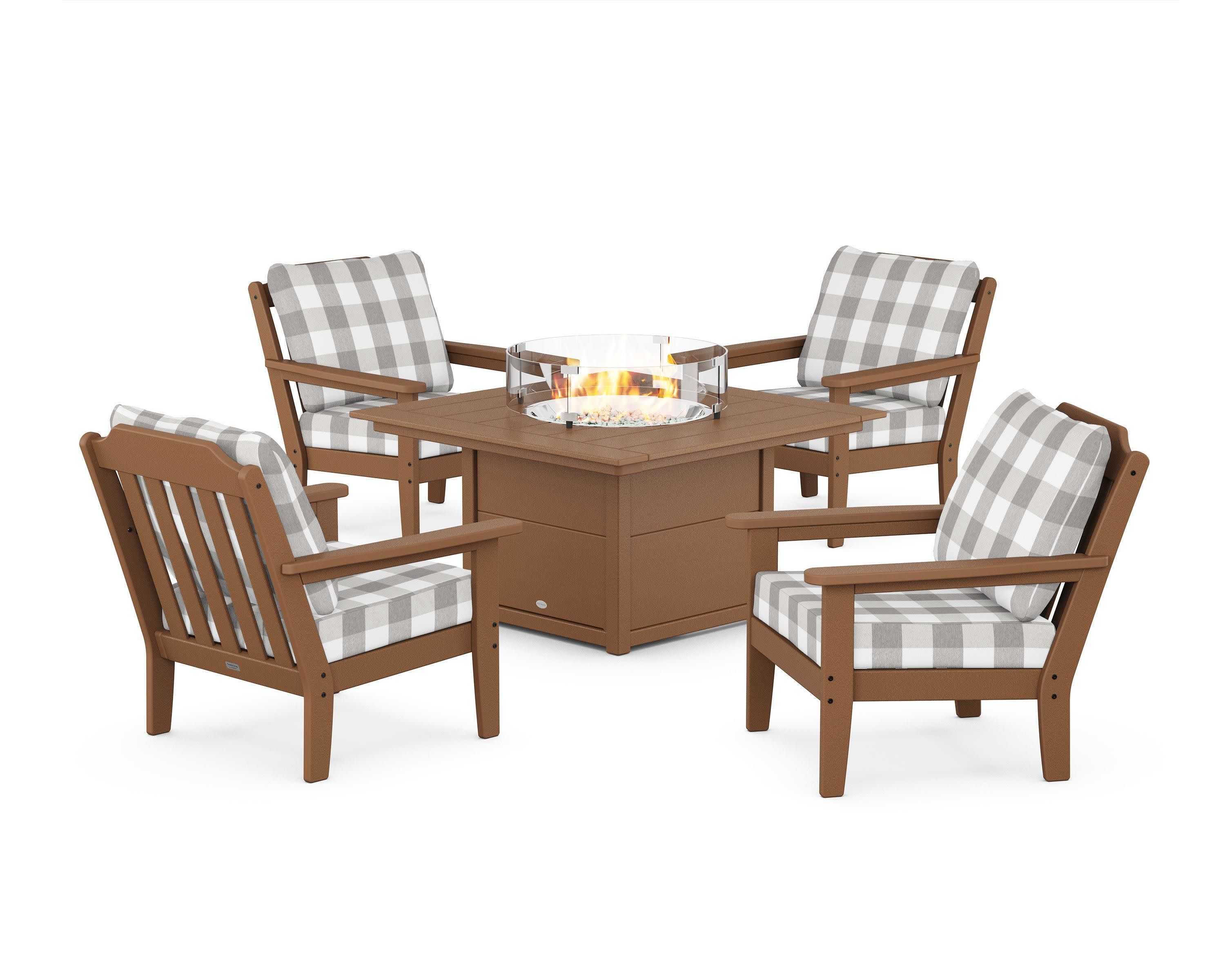 Cottage 5-Piece Deep Seating Set with Fire Pit Table in Teak / Buffalo Plaid Grey Mist