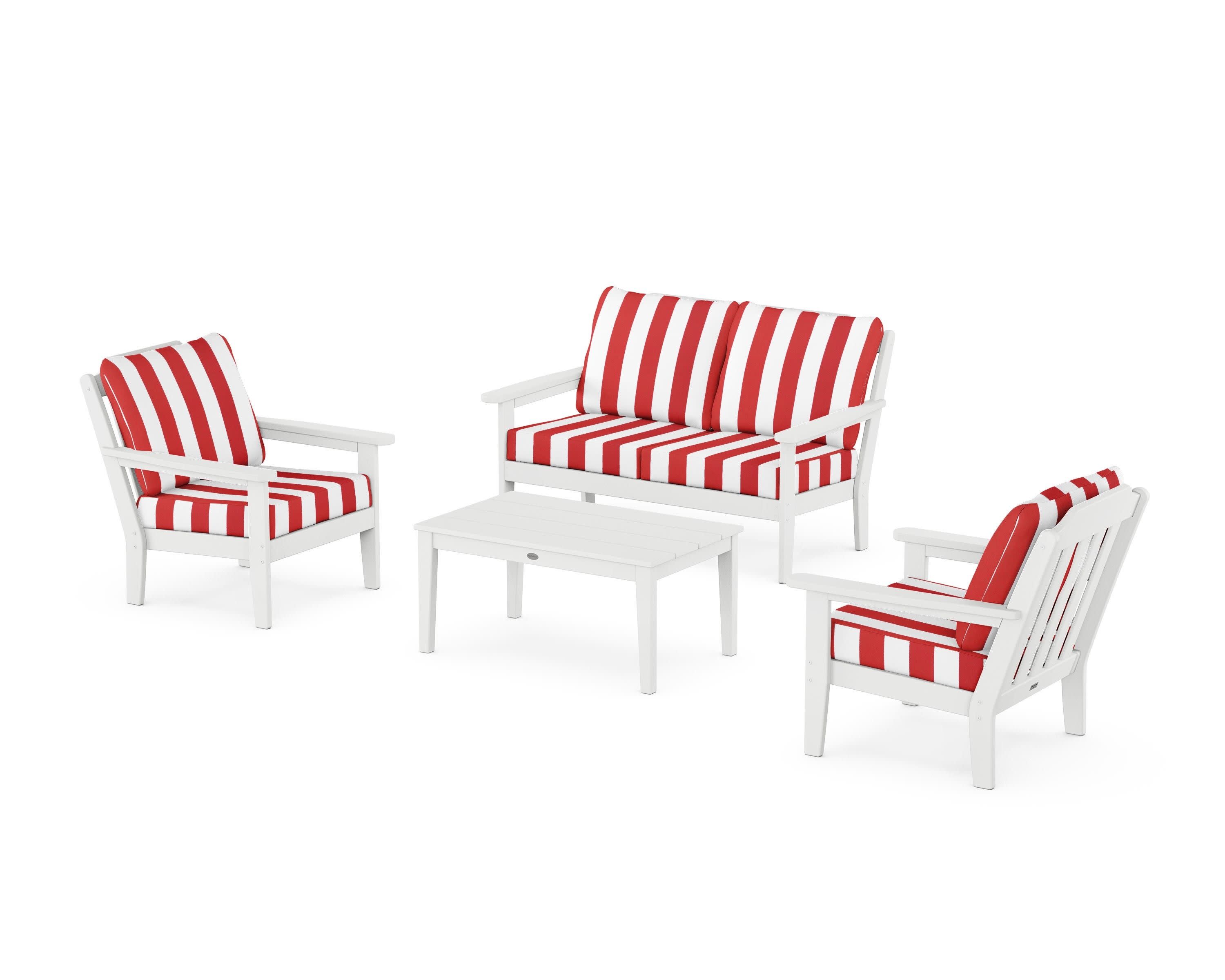 Cottage 4-Piece Deep Seating Set with Loveseat in White / Cabana Stripe Crimson