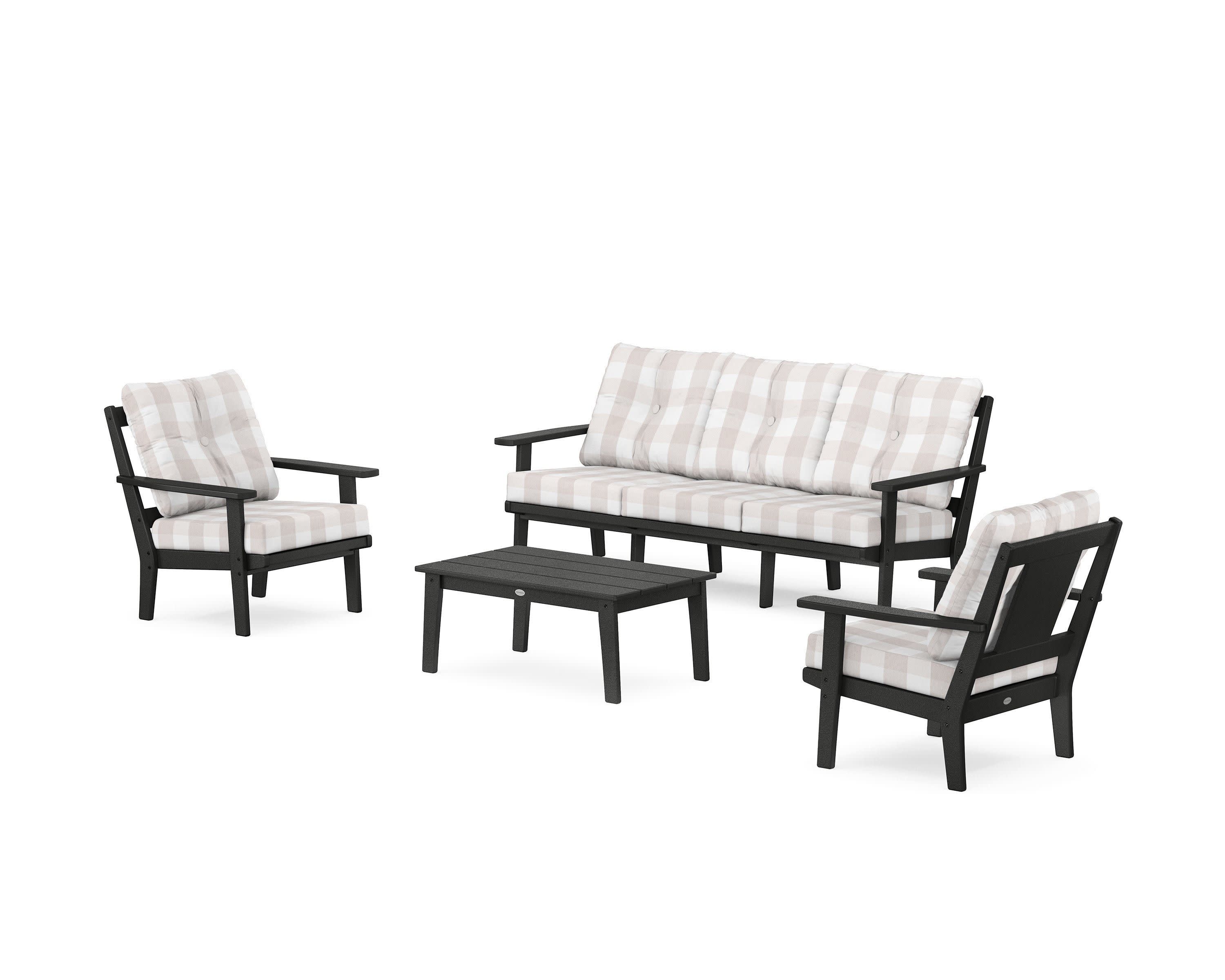 Prairie 4-Piece Deep Seating Set with Sofa in Black / Buffalo Plaid Dune Burlap