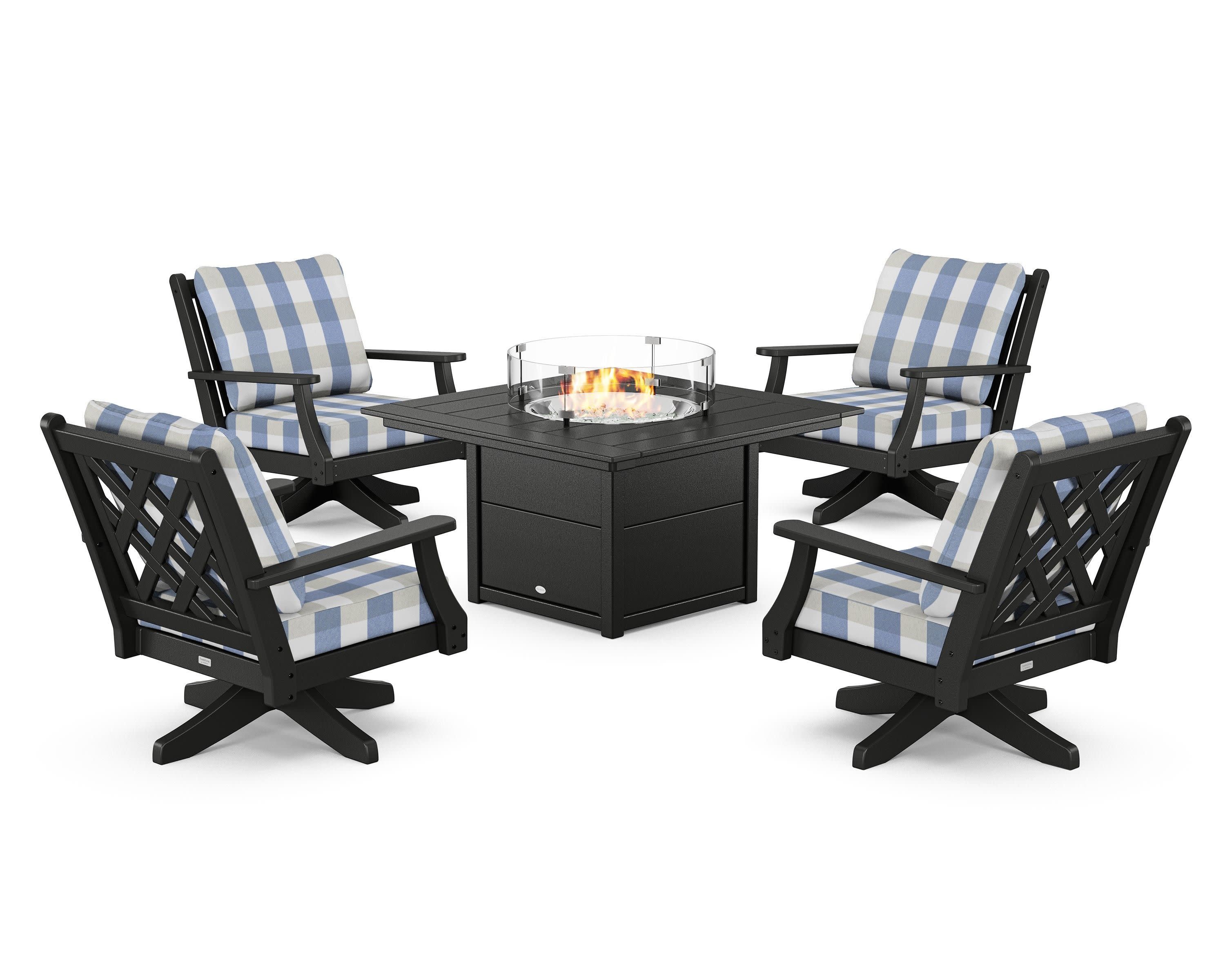 Wovendale 5-Piece Deep Seating Swivel Conversation Set with Fire Pit Table in Black / Buffalo Plaid Sky Blue