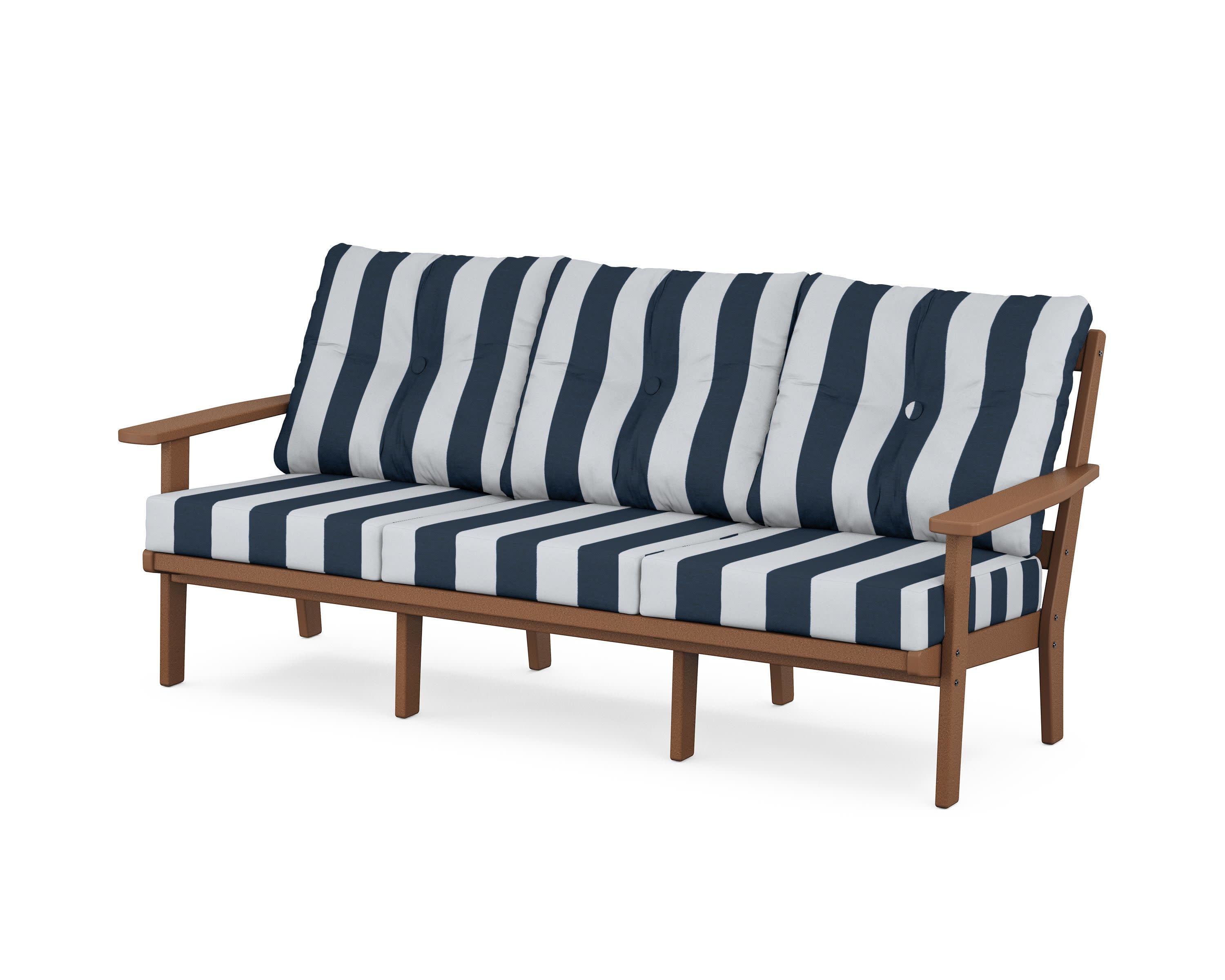 PrairieDeep Seating Sofa in Teak / Cabana Stripe Marine Indigo