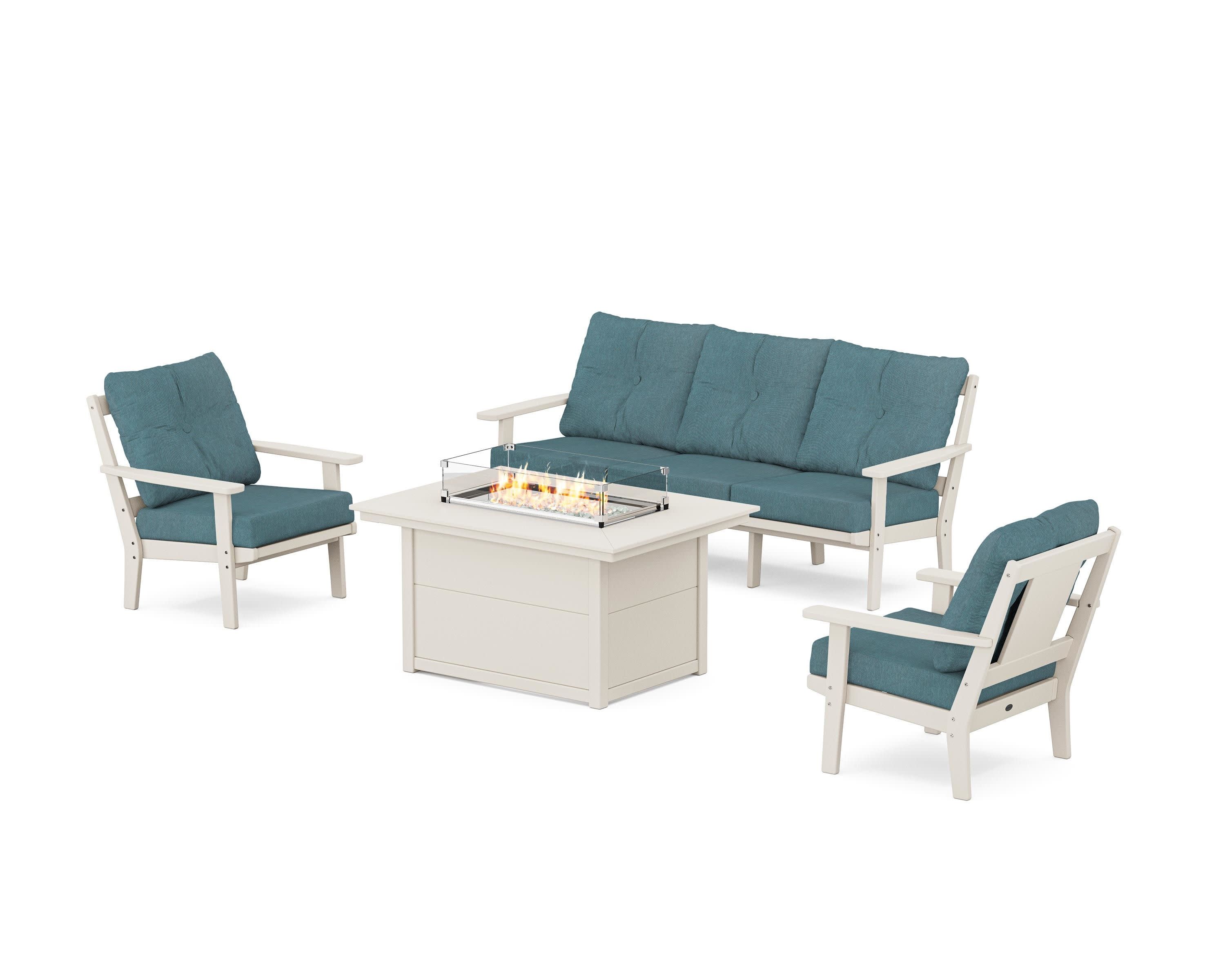 Prairie Deep Seating Fire Pit Table Set in Sand / Ocean Teal