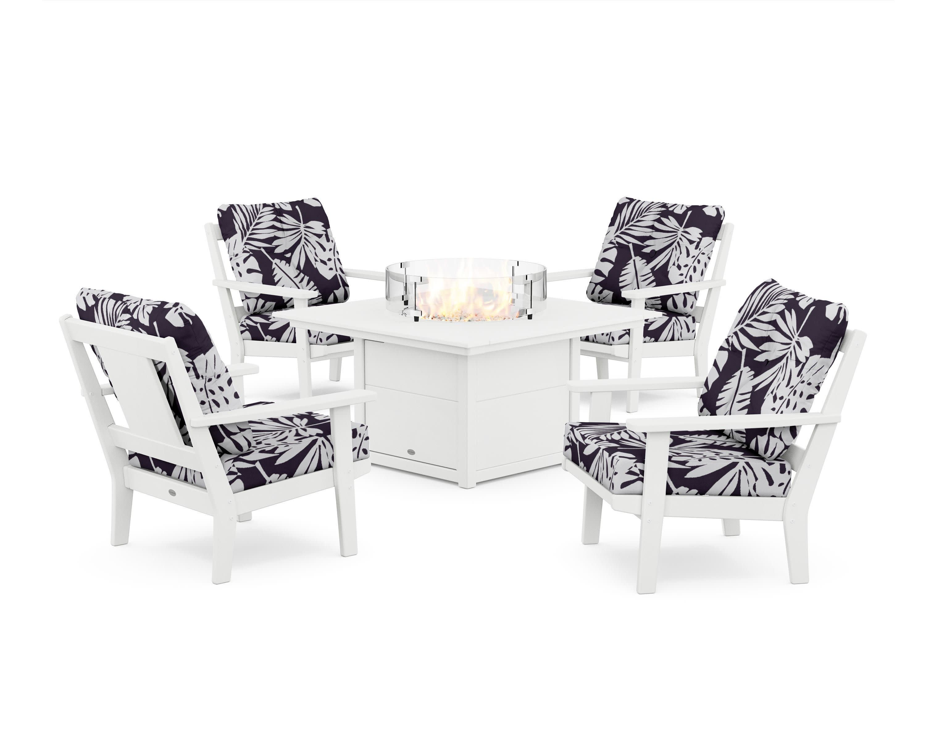 Prairie 5-Piece Deep Seating Set with Fire Pit Table in White / Leaf Navy