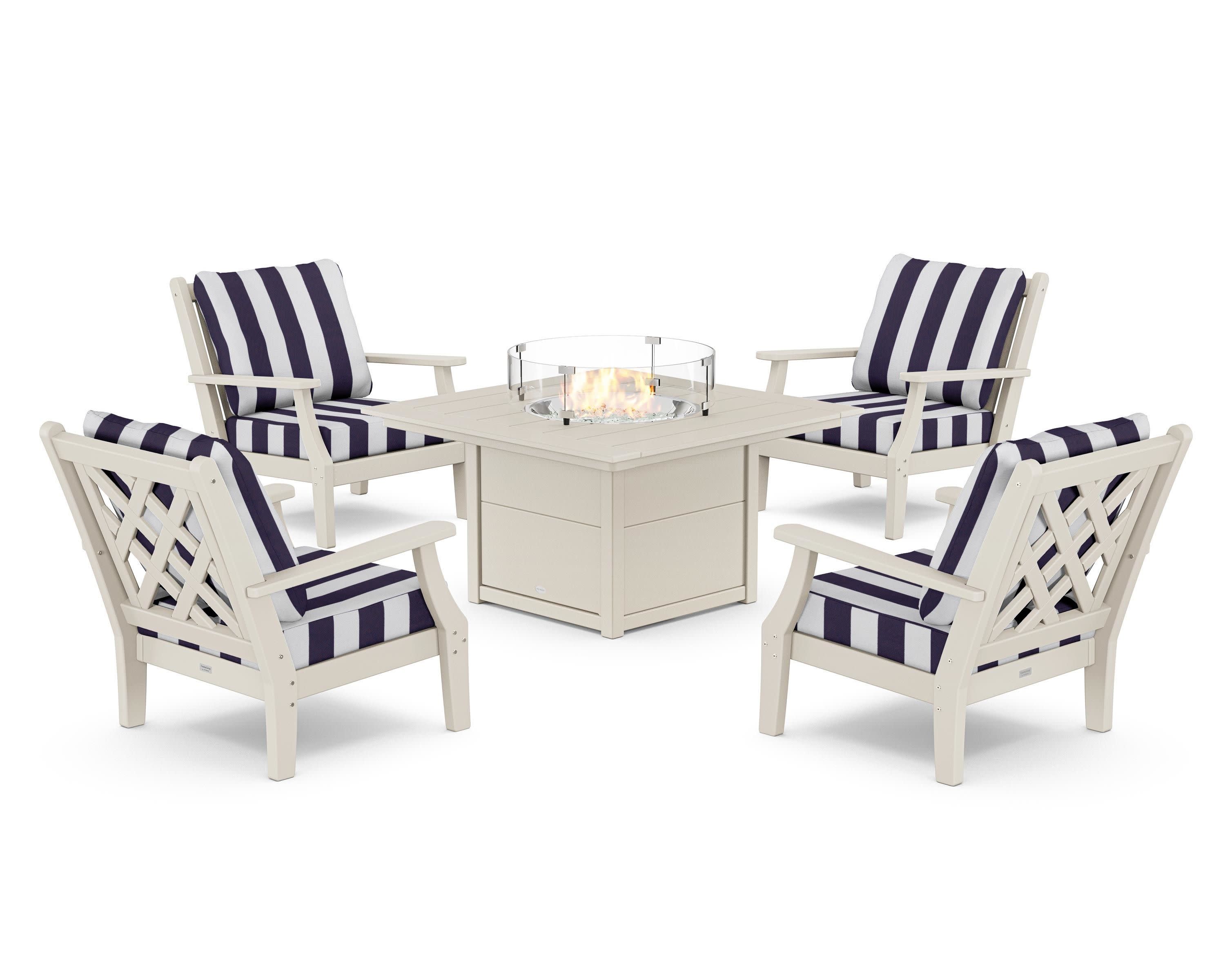 Wovendale 5-Piece Deep Seating Set with Fire Pit Table in Sand / Cabana Stripe Navy