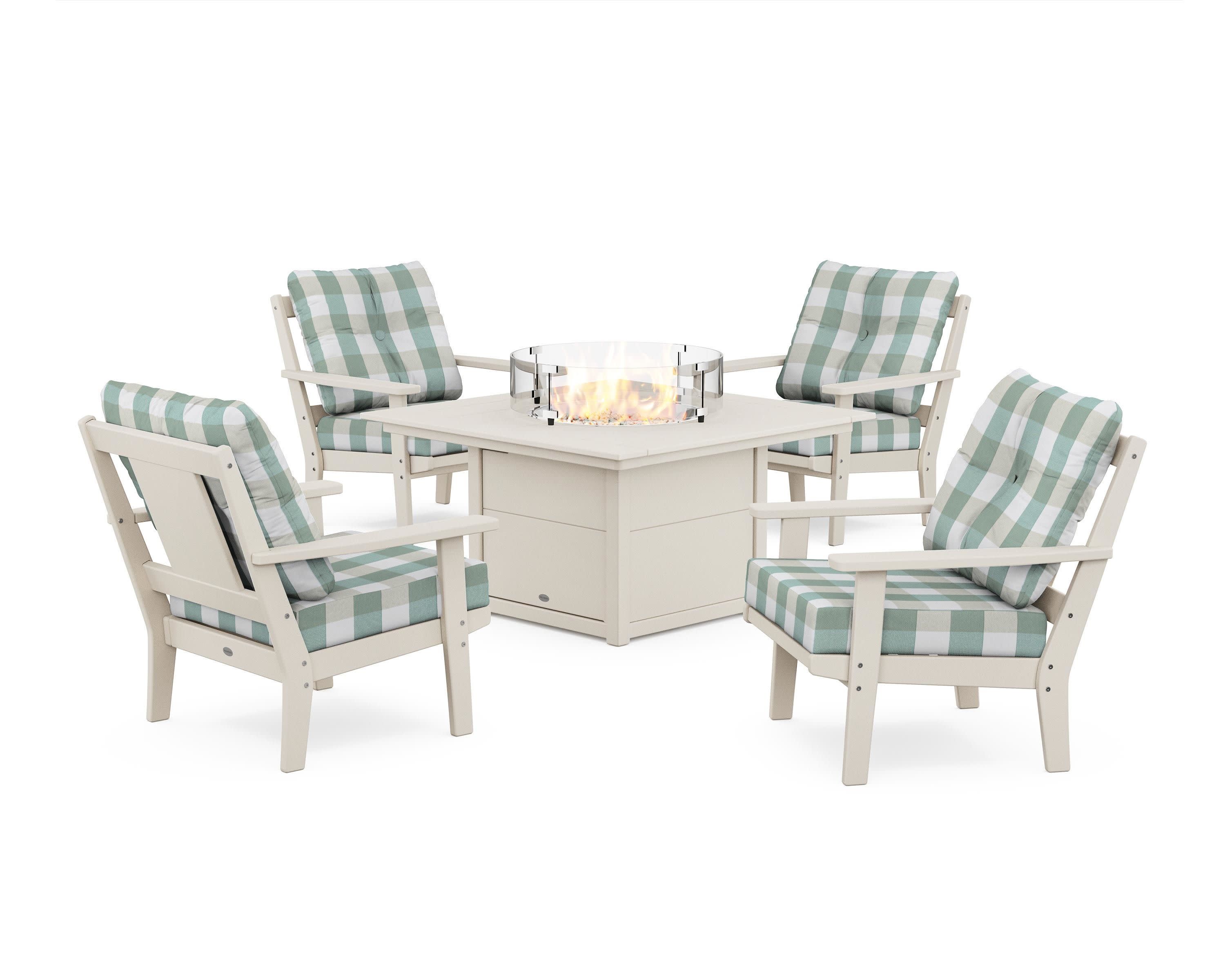 Prairie 5-Piece Deep Seating Set with Fire Pit Table in Sand / Buffalo Plaid Glacier Spa