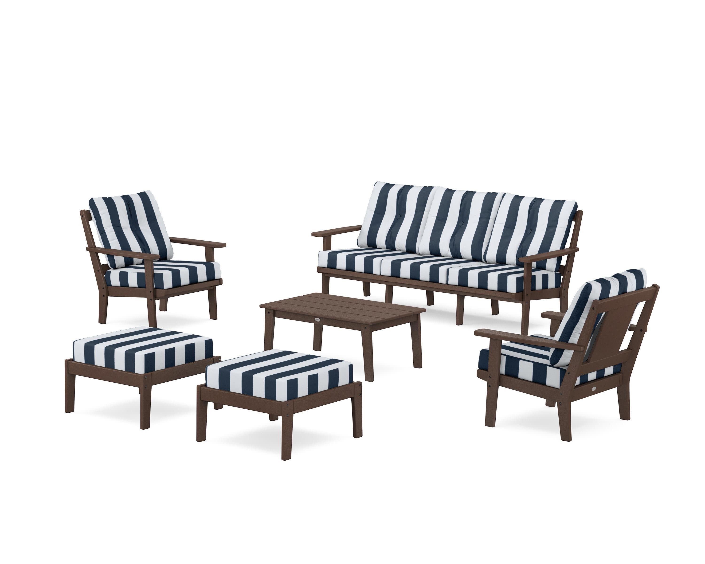 Prairie 6-Piece Lounge Sofa Set in Mahogany / Cabana Stripe Marine Indigo