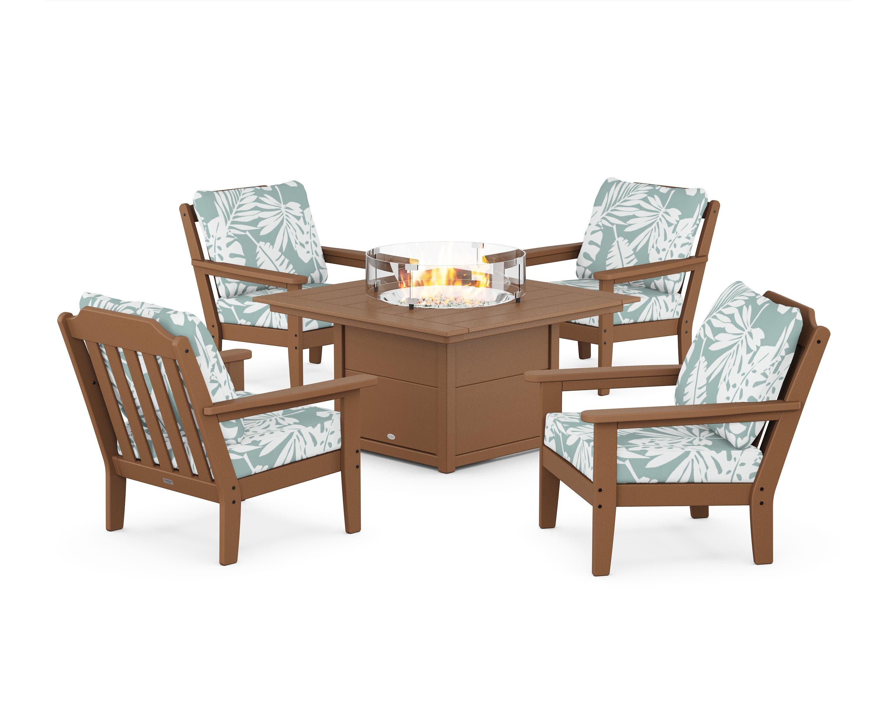 Cottage 5-Piece Deep Seating Set with Fire Pit Table in Teak / Leaf Glacier Spa