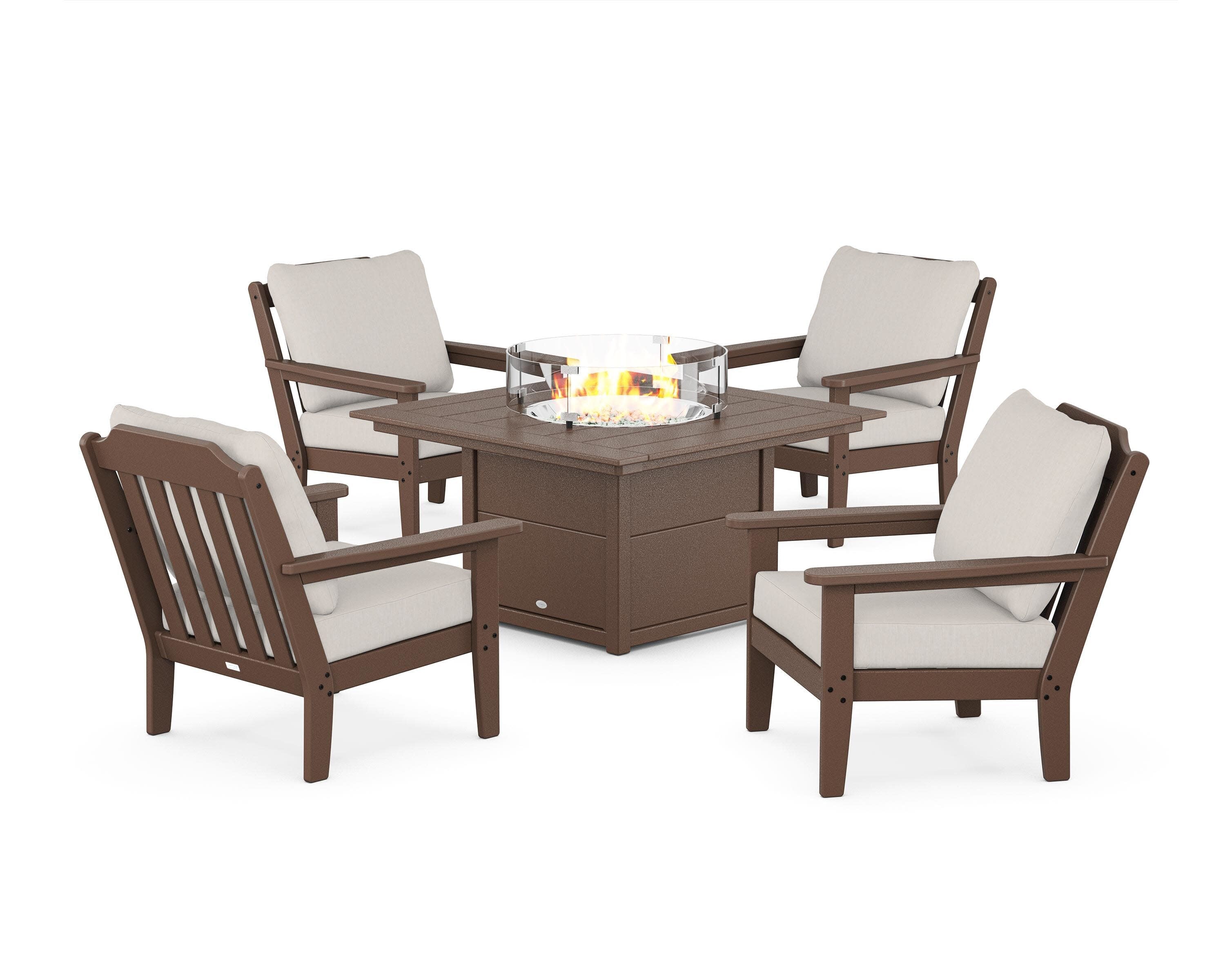 Cottage 5-Piece Deep Seating Set with Fire Pit Table in Mahogany / Cast Ash