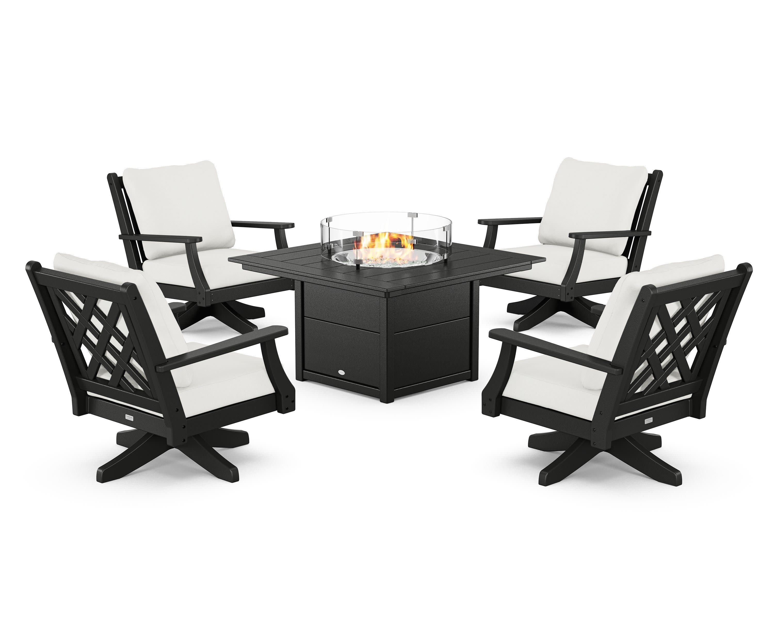 Wovendale 5-Piece Deep Seating Swivel Conversation Set with Fire Pit Table in Black / Natural Linen