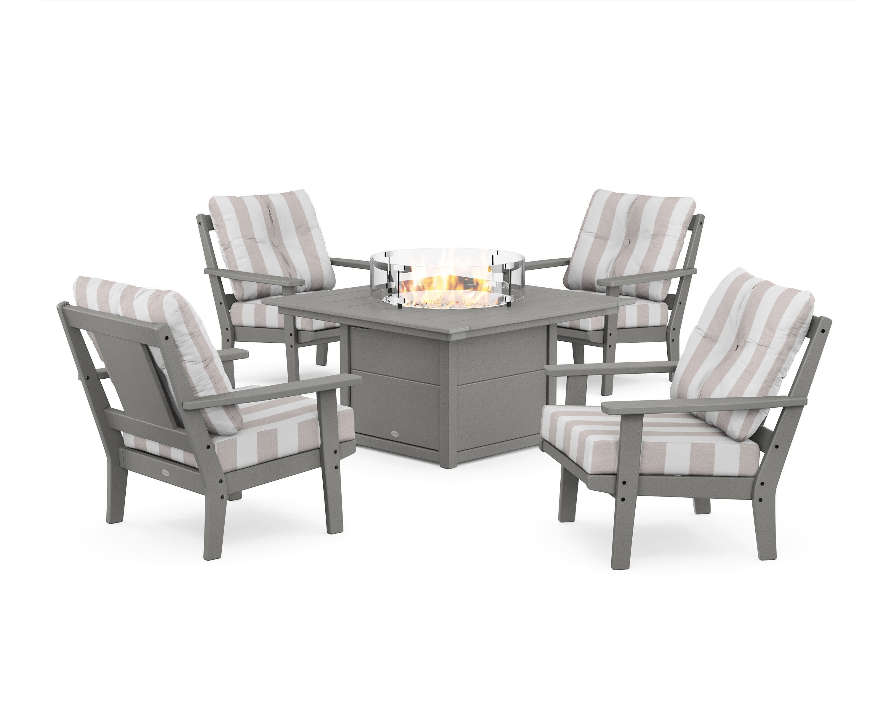 Prairie 5-Piece Deep Seating Set with Fire Pit Table in Slate Grey / Cabana Stripe Dune Burlap