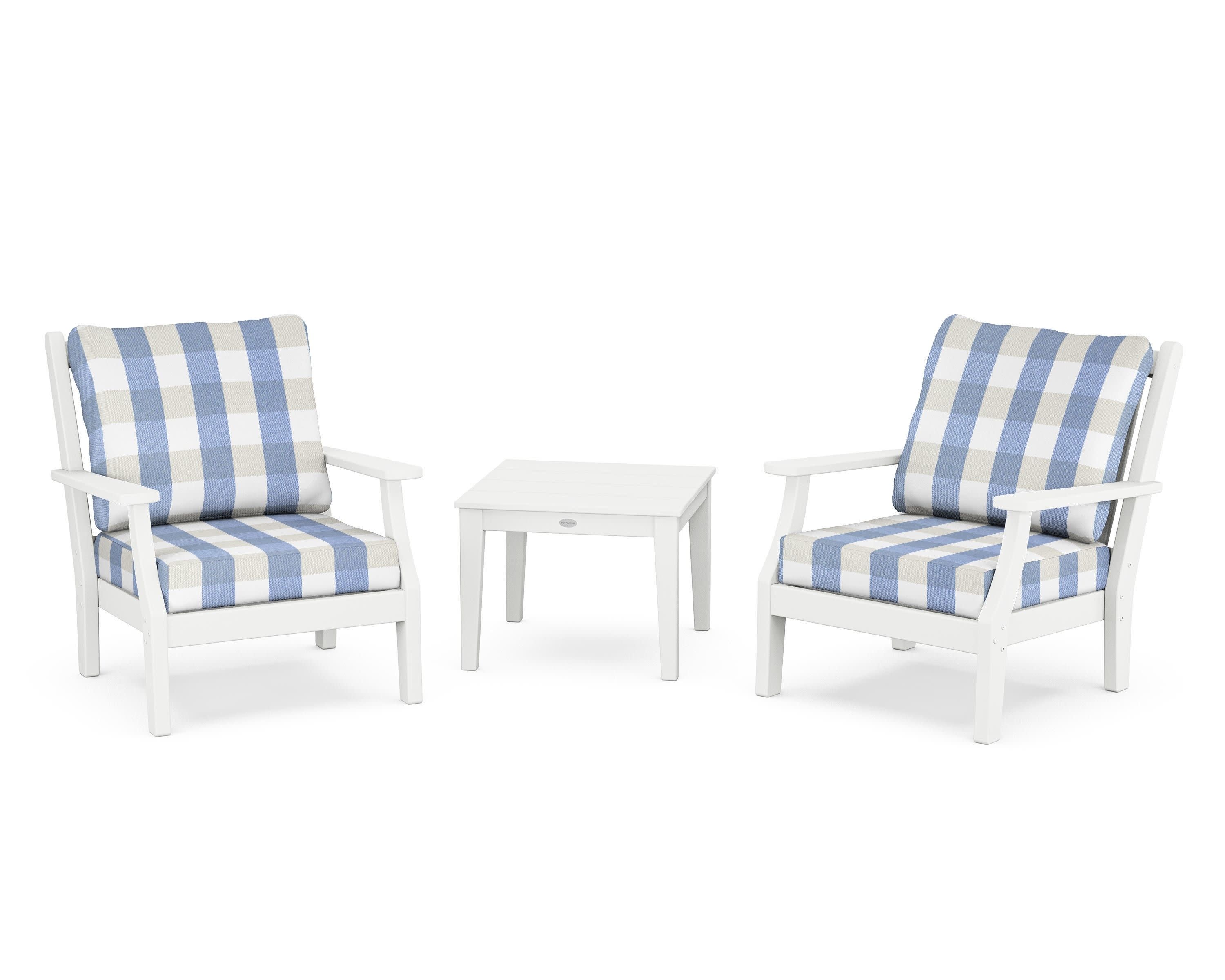 Wovendale 3-Piece Deep Seating Set in White / Buffalo Plaid Sky Blue