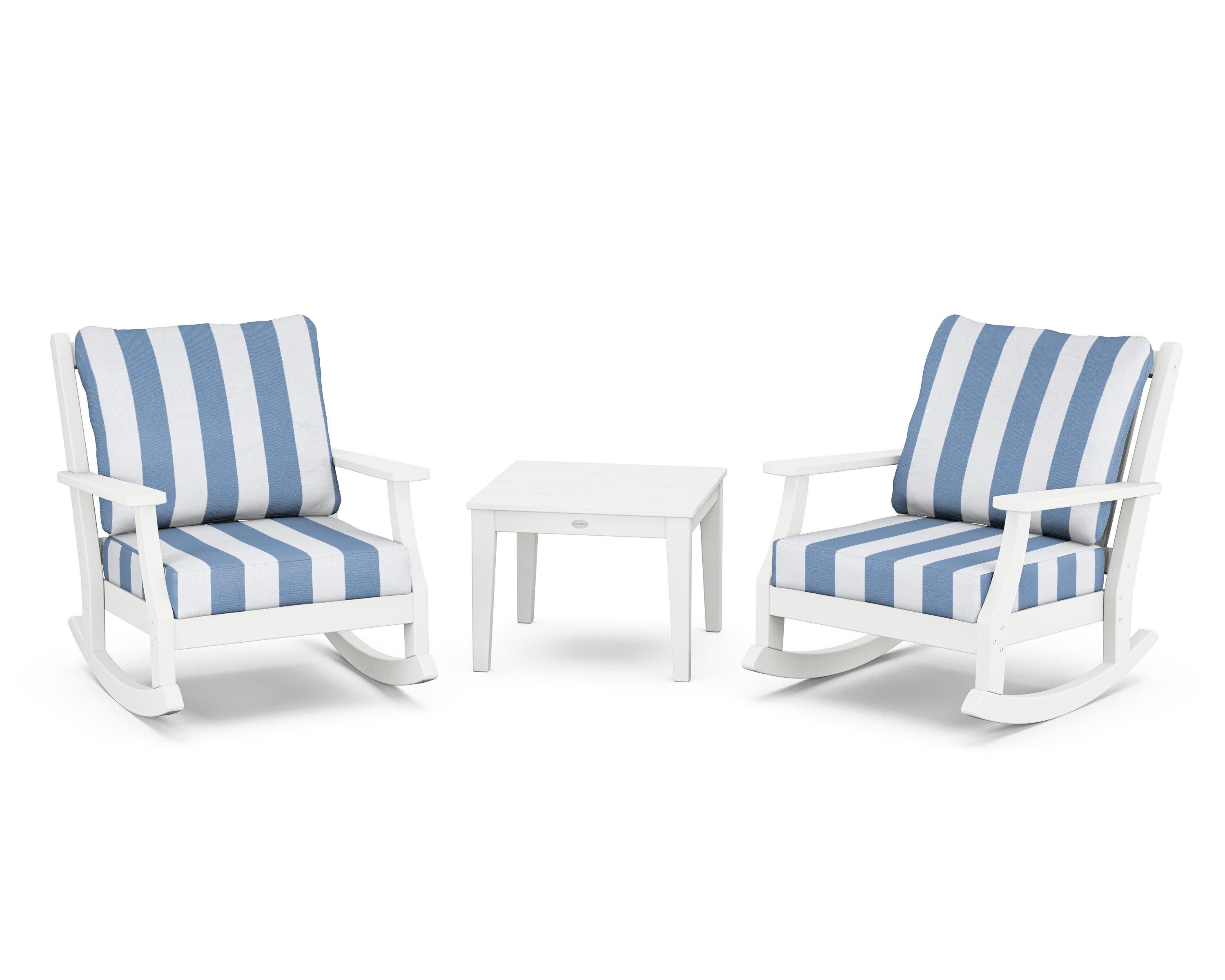 Wovendale 3-Piece Deep Seating Rocker Set in White / Cabana Stripe Sky Blue