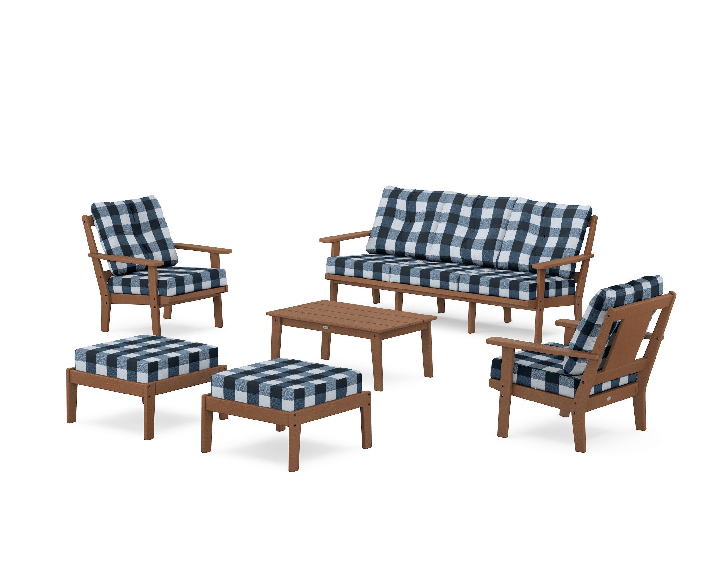 Prairie 6-Piece Lounge Sofa Set in Teak / Buffalo Plaid Marine Indigo
