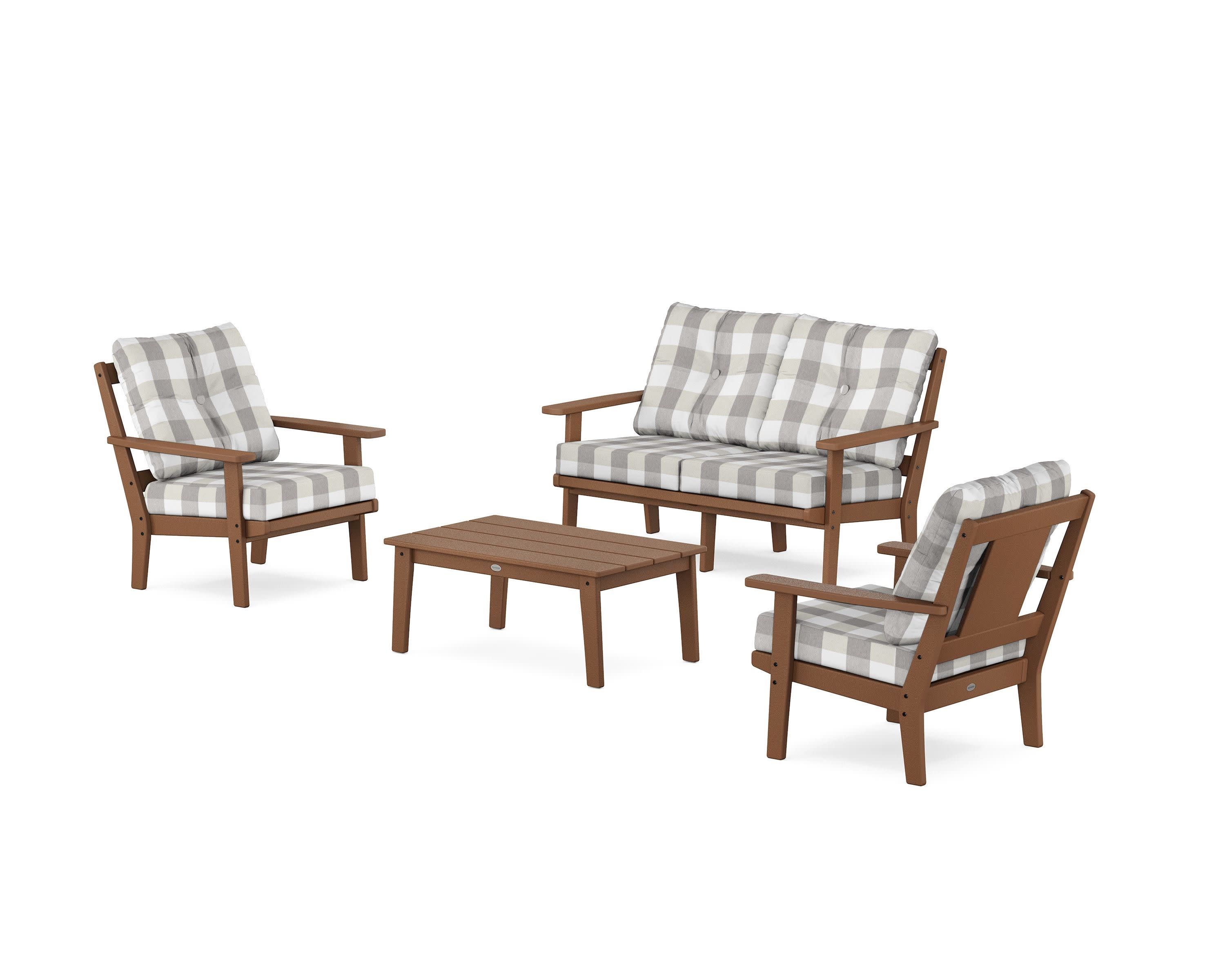 Prairie 4-Piece Deep Seating Set with Loveseat in Teak / Buffalo Plaid Grey Mist