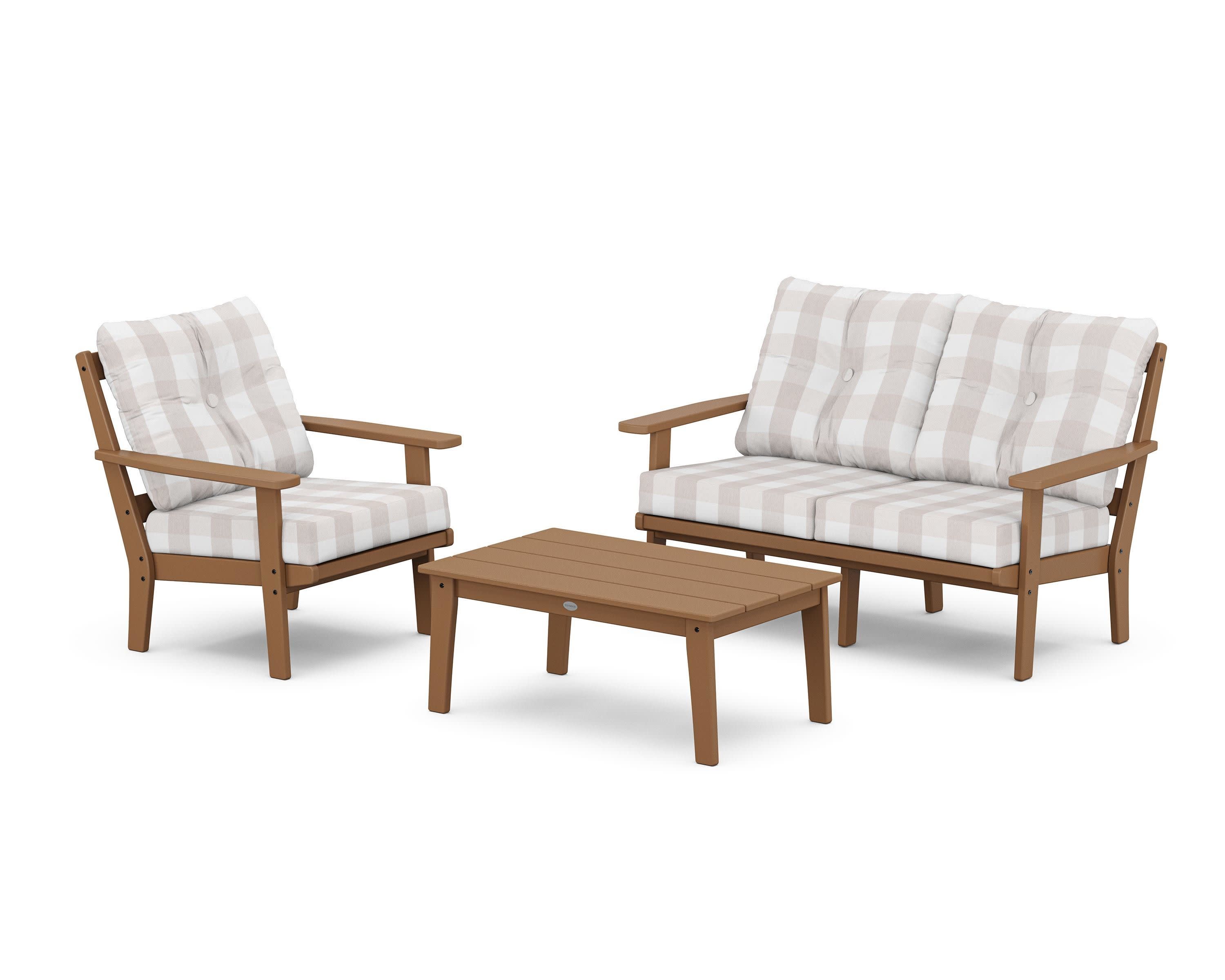 Prairie 3-Piece Deep Seating Set with Loveseat in Teak / Buffalo Plaid Dune Burlap