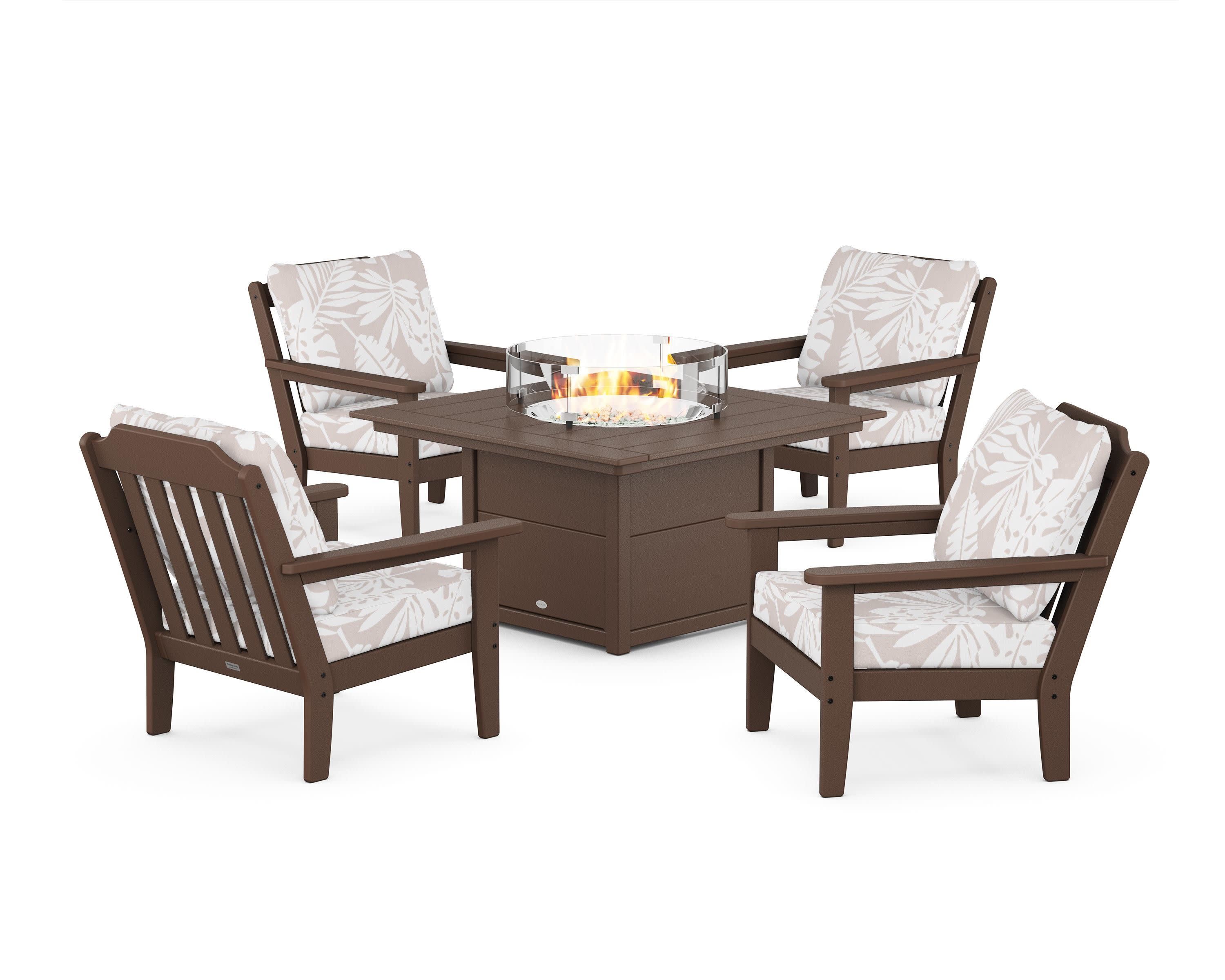 Cottage 5-Piece Deep Seating Set with Fire Pit Table in Mahogany / Leaf Dune Burlap