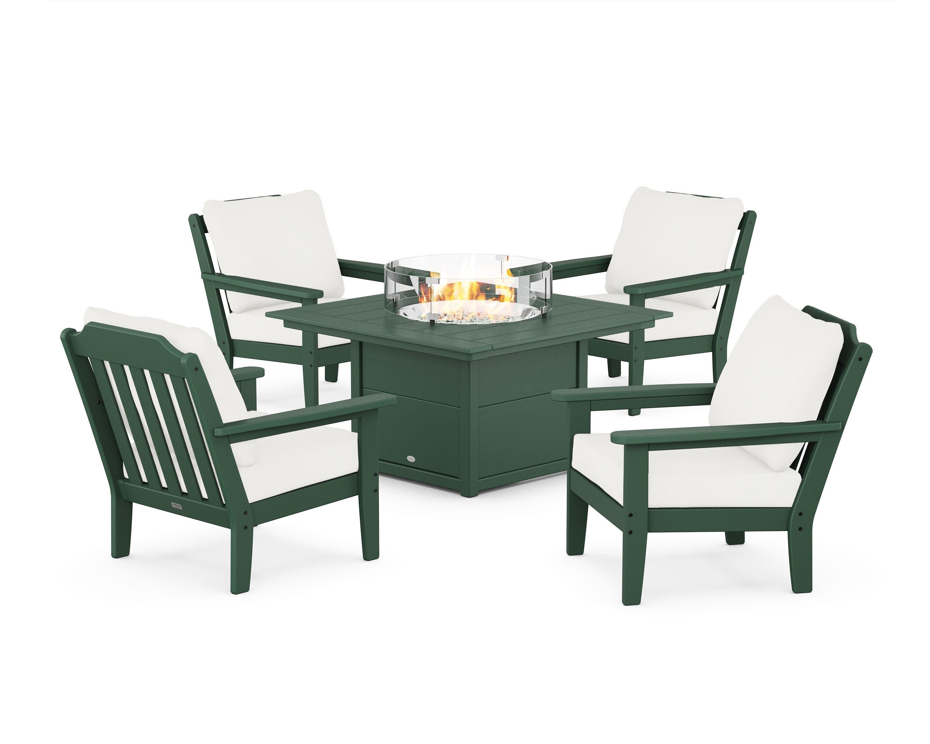 Cottage 5-Piece Deep Seating Set with Fire Pit Table in Green / Natural Linen