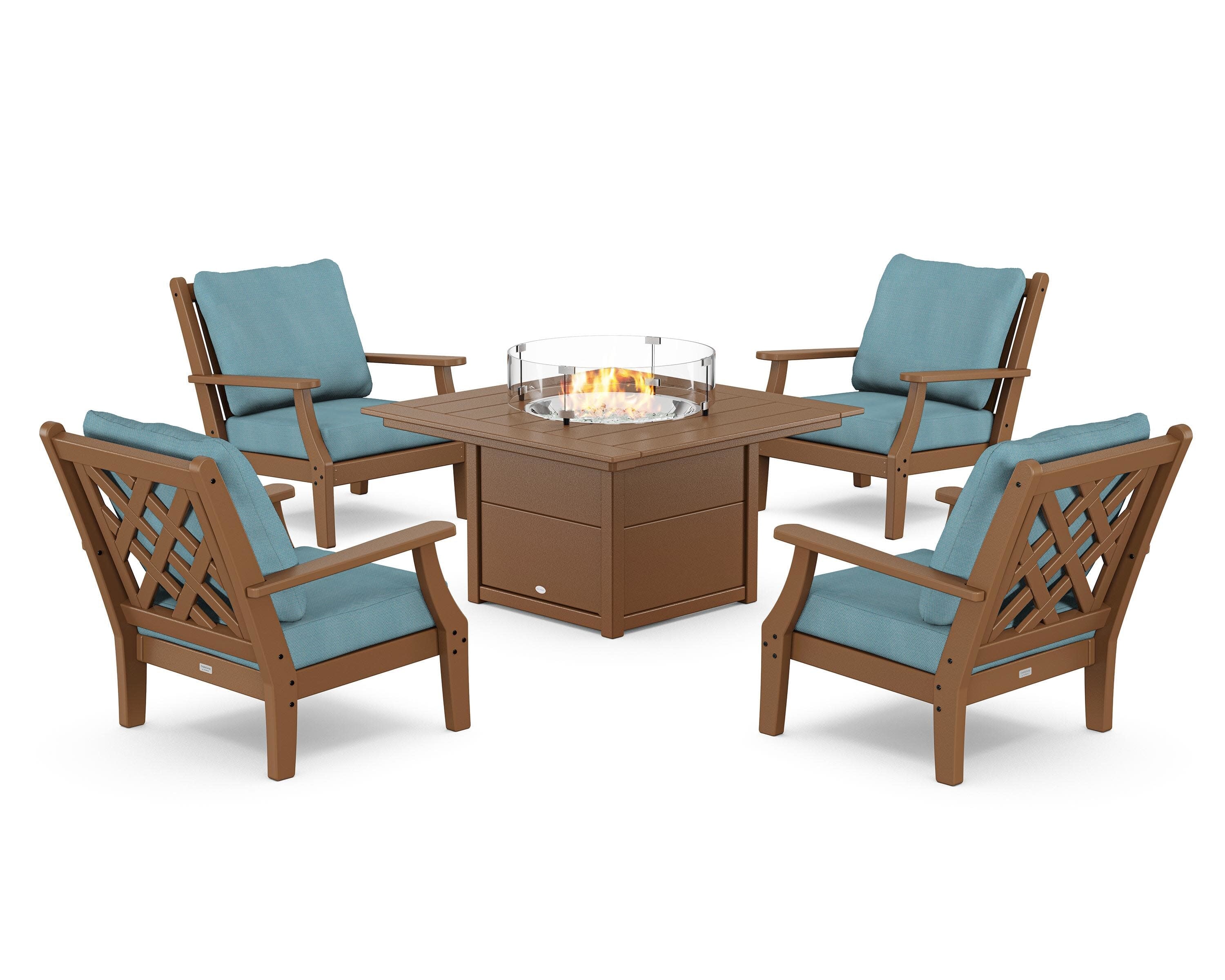Wovendale 5-Piece Deep Seating Set with Fire Pit Table in Teak / Lattice Sky Blue