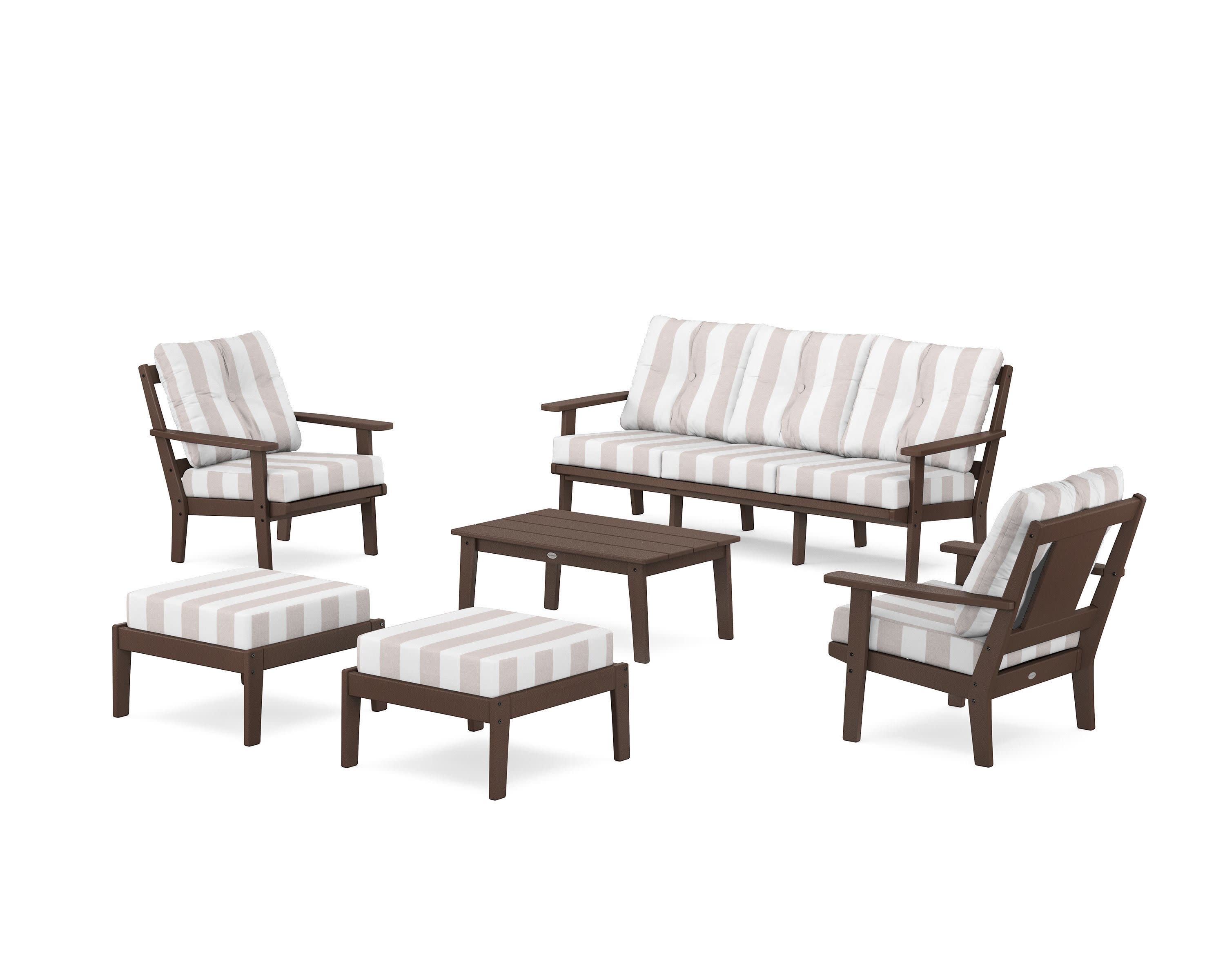 Prairie 6-Piece Lounge Sofa Set in Mahogany / Cabana Stripe Dune Burlap