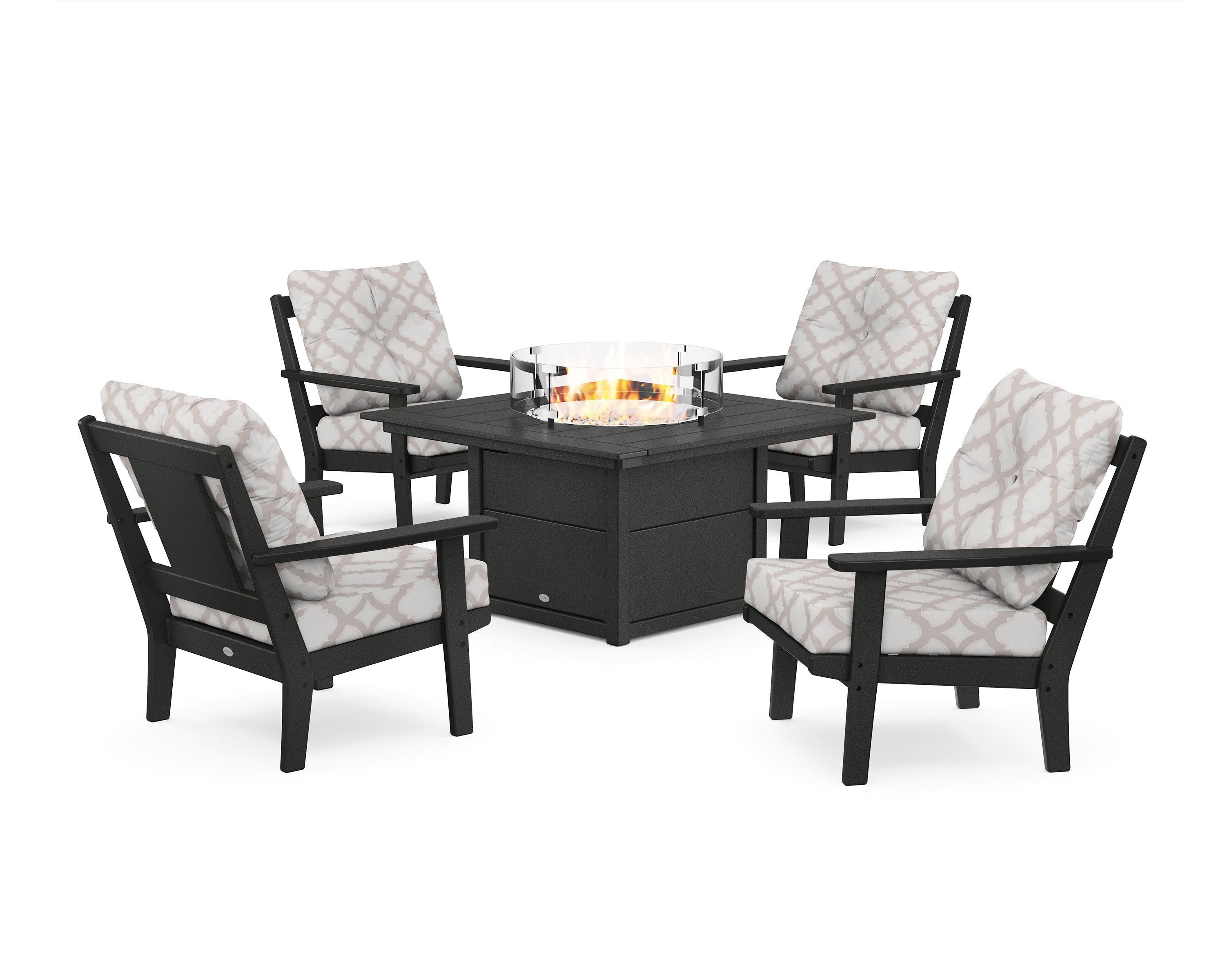 Prairie 5-Piece Deep Seating Set with Fire Pit Table in Black / Trellis Dune Burlap