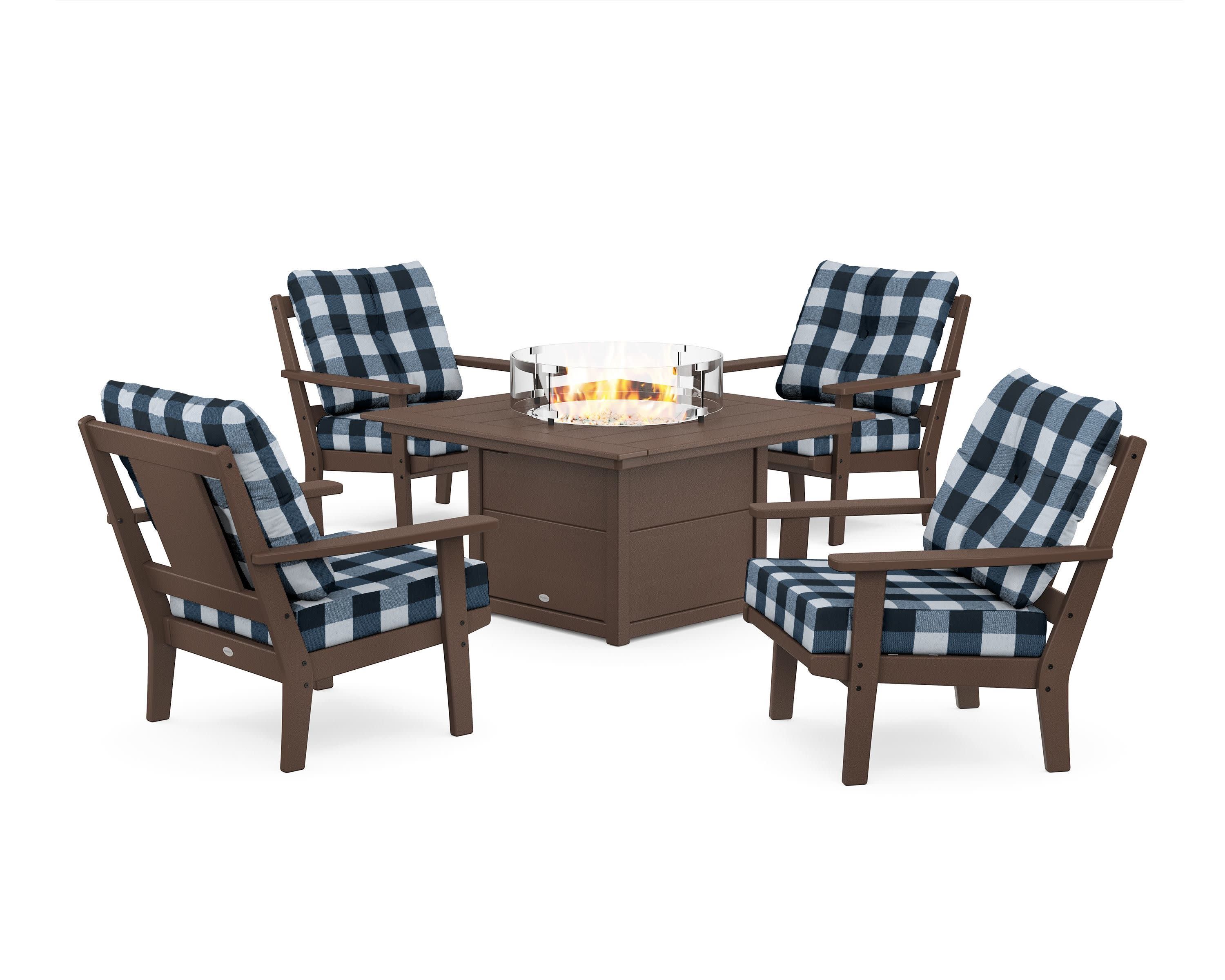 Prairie 5-Piece Deep Seating Set with Fire Pit Table in Mahogany / Buffalo Plaid Marine Indigo