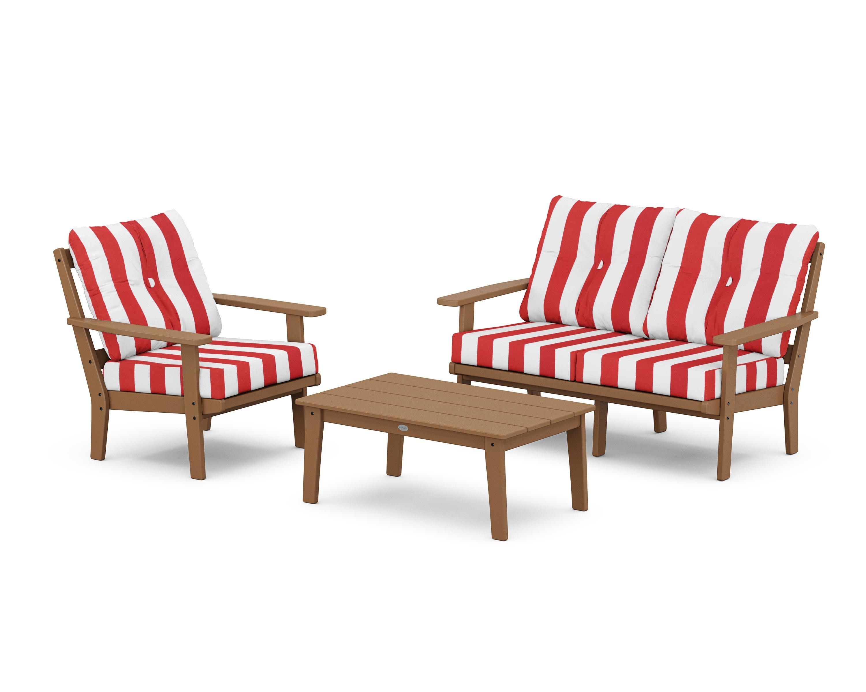 Prairie 3-Piece Deep Seating Set with Loveseat in Teak / Cabana Stripe Crimson