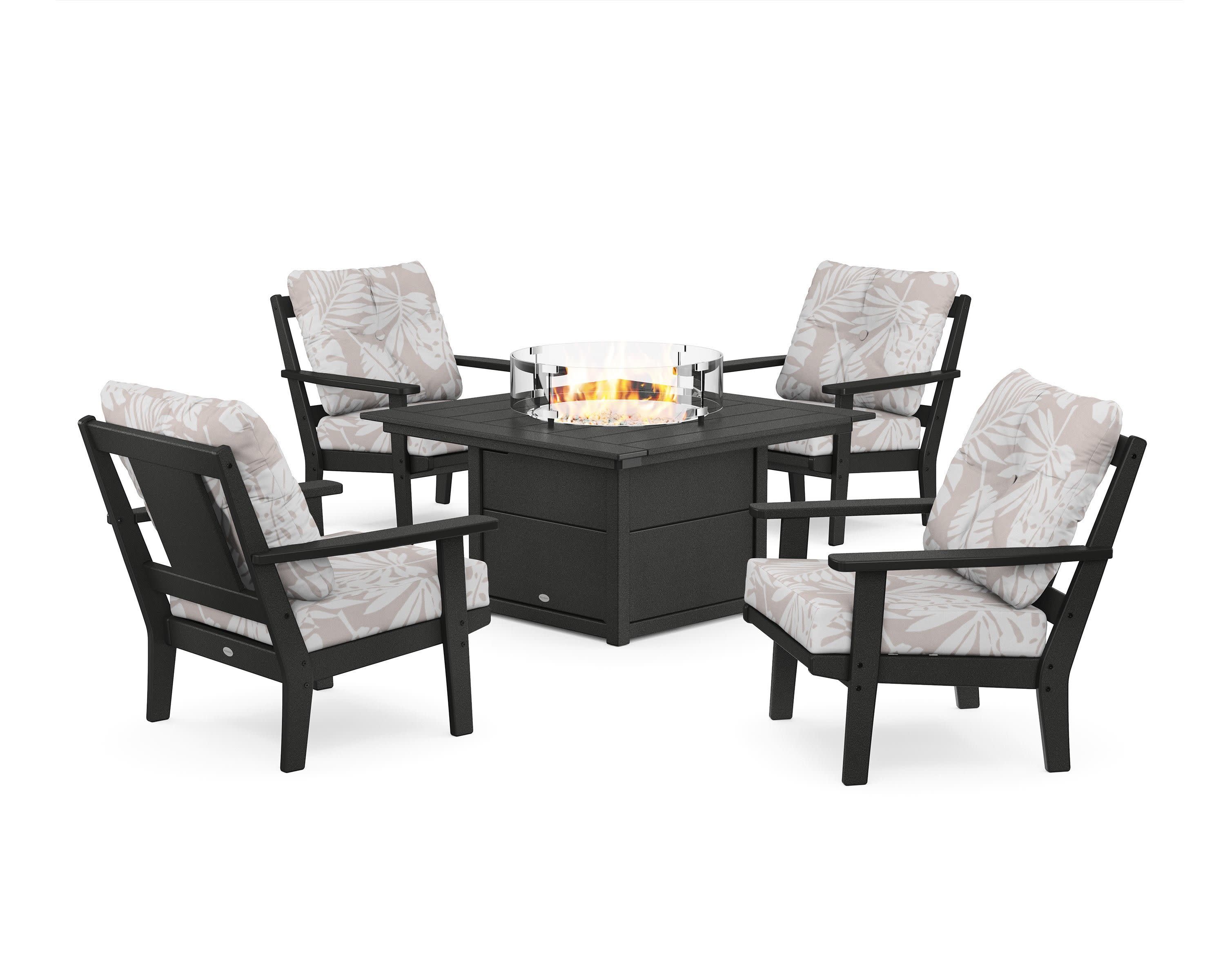 Prairie 5-Piece Deep Seating Set with Fire Pit Table in Black / Leaf Dune Burlap