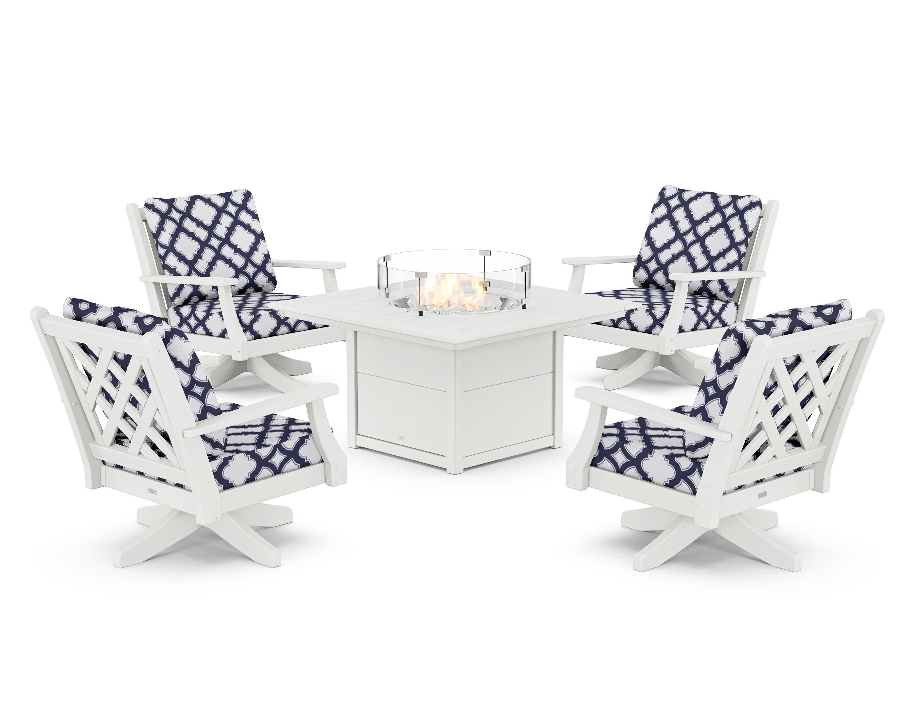 Wovendale 5-Piece Deep Seating Swivel Conversation Set with Fire Pit Table in White / Trellis Navy