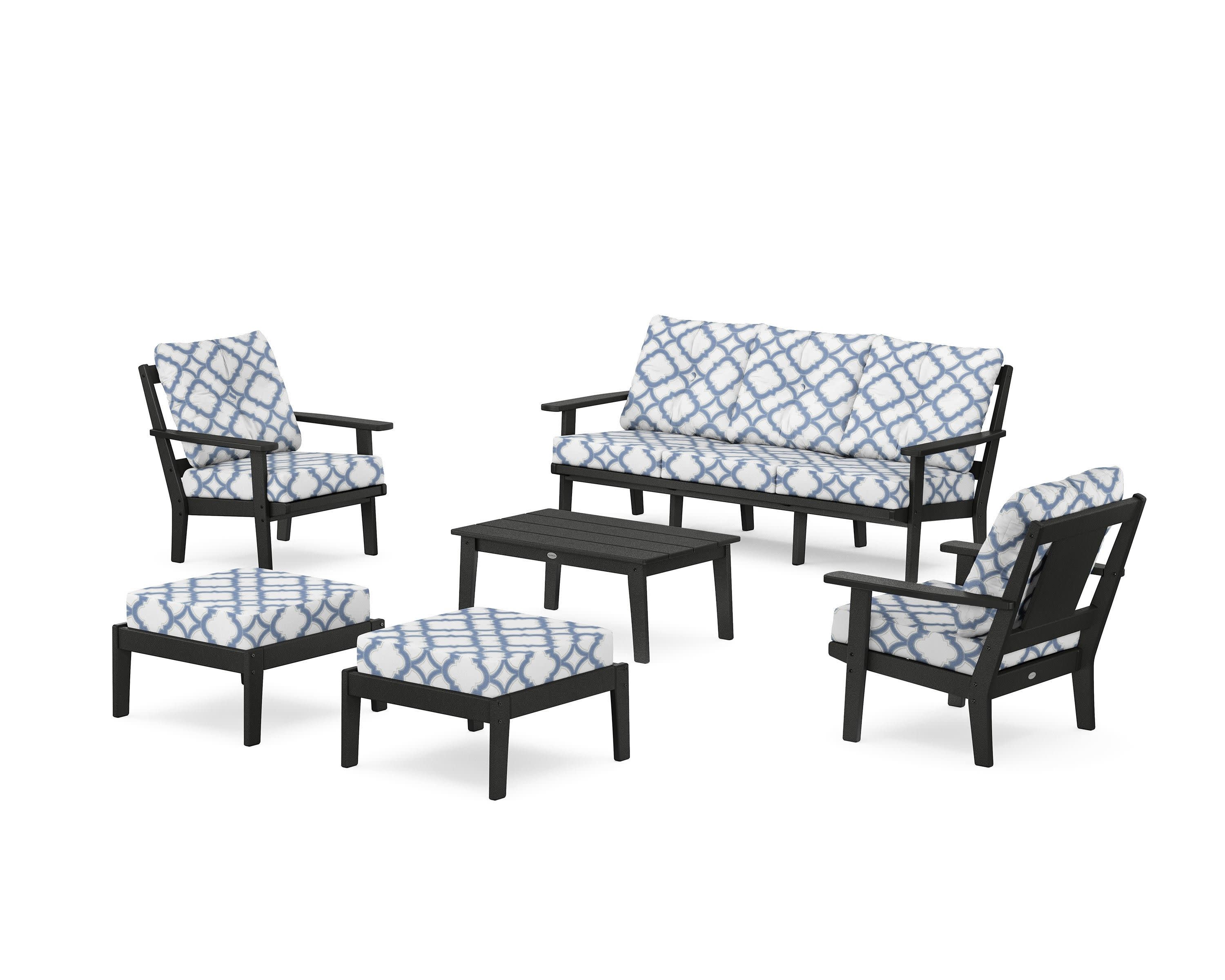 Prairie 6-Piece Lounge Sofa Set in Black / Trellis Sky Blue