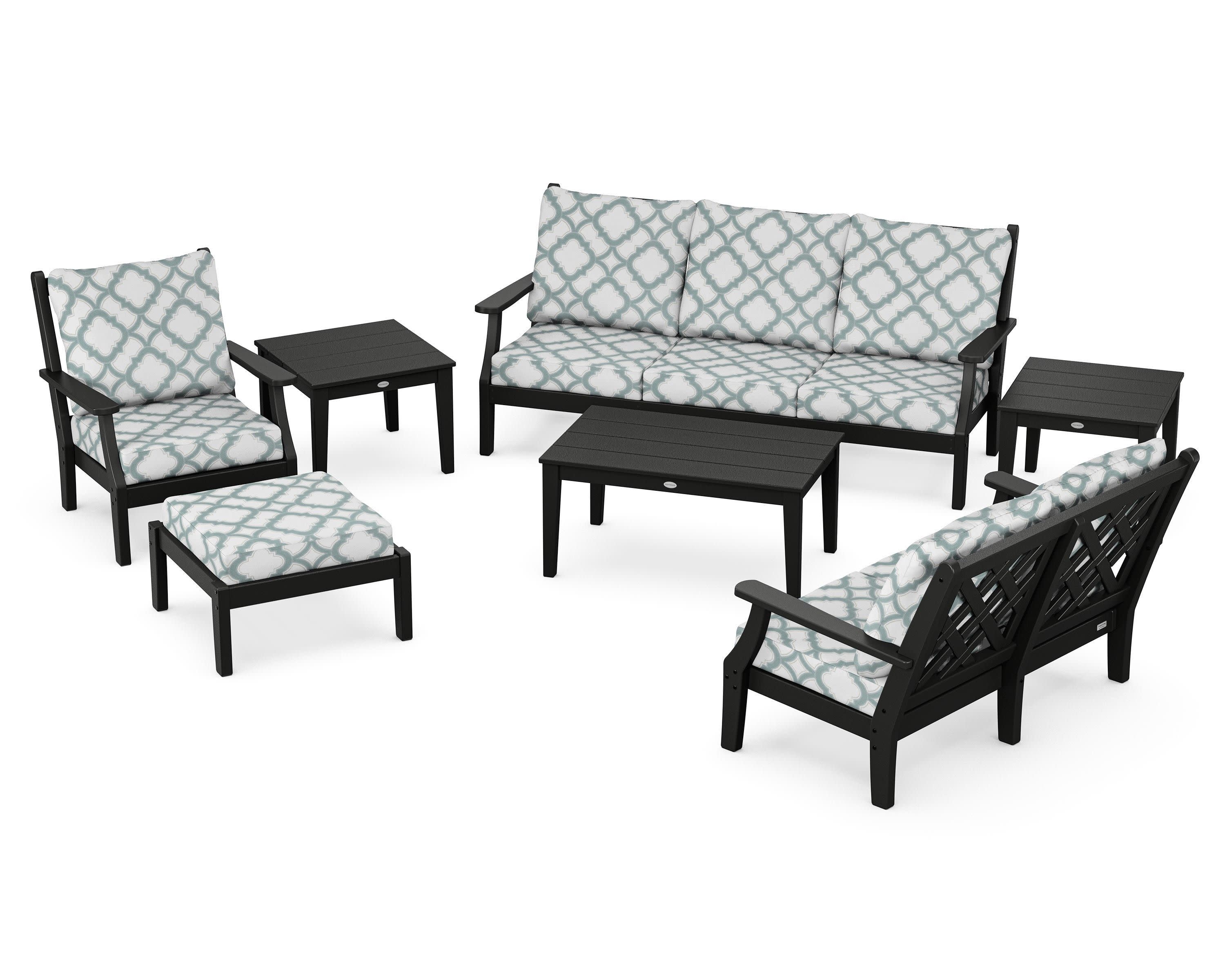 Wovendale 7-Piece Deep Seating Set in Black / Trellis Glacier Spa