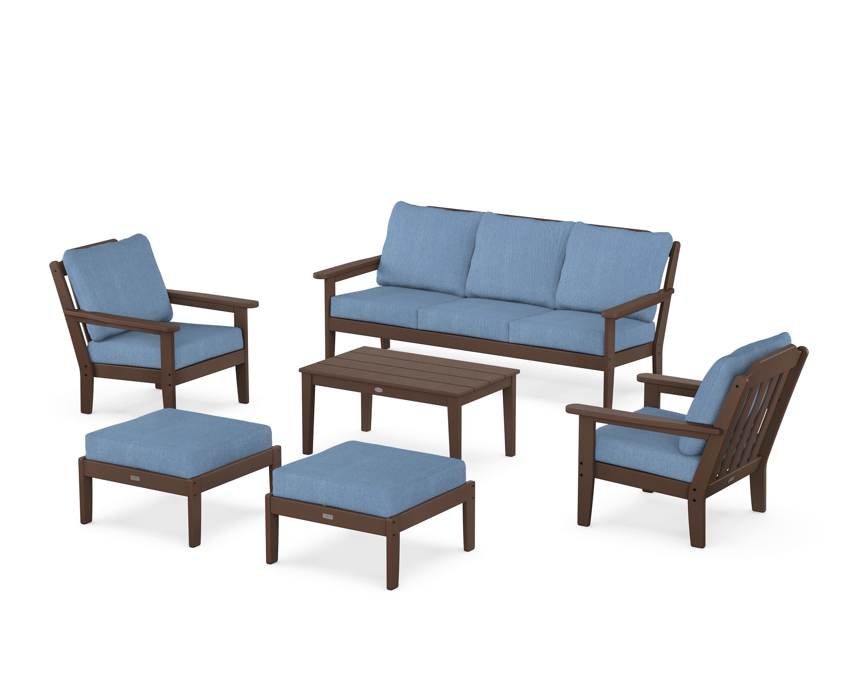 Cottage 6-Piece Lounge Sofa Set in Mahogany / Sky Blue