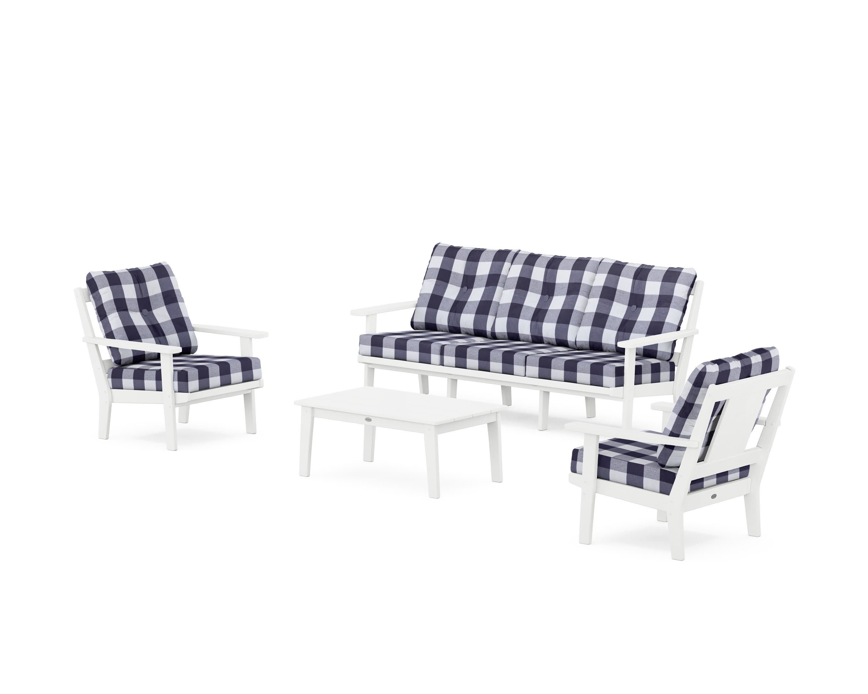 Prairie 4-Piece Deep Seating Set with Sofa in White / Buffalo Plaid Navy